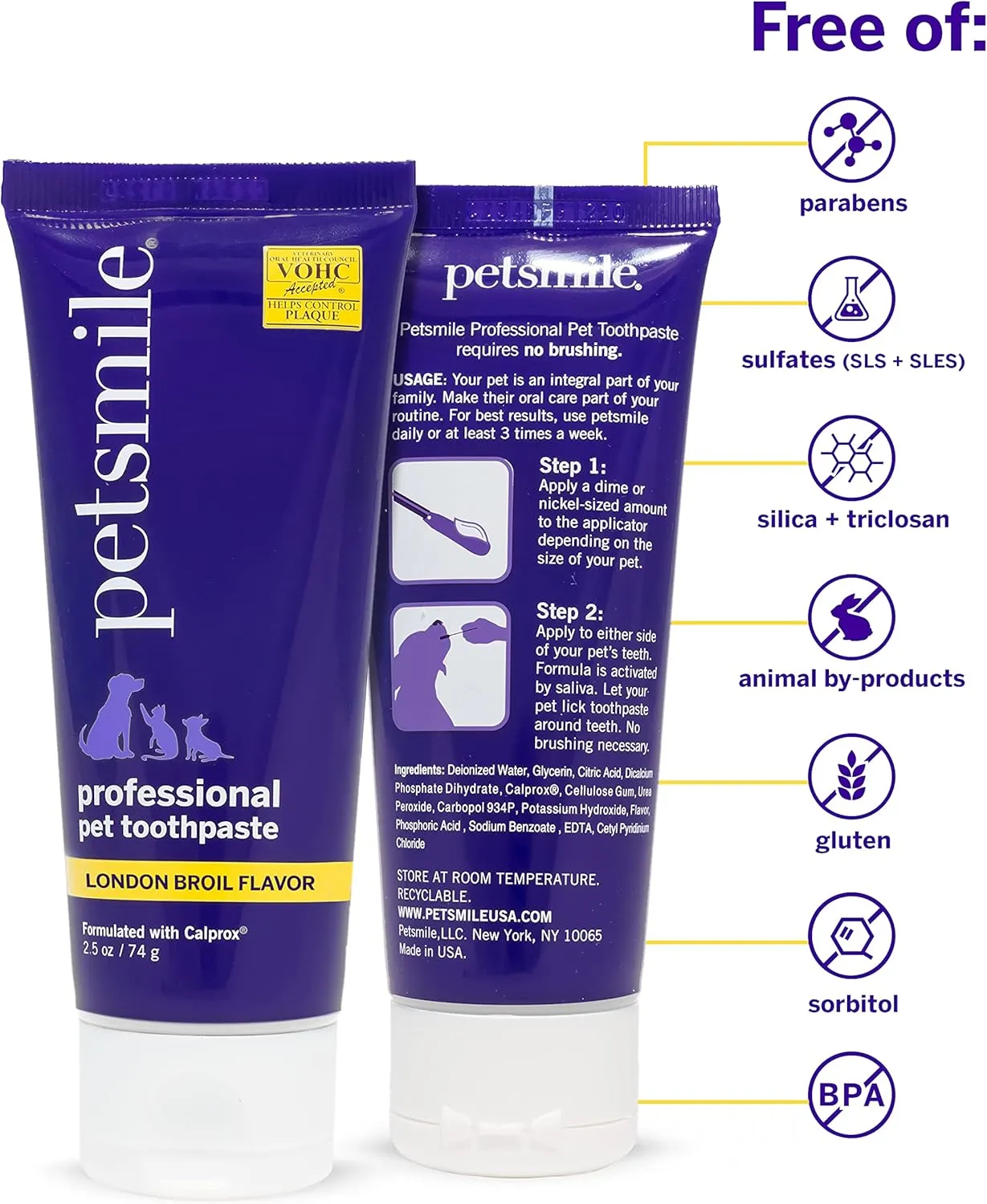 Petsmile Professional Pet Toothpaste for Cats & Dogs - Only VOHC Accepted Toothpaste - Clinically Proven to Control Plaque & Tartar Calprox Formula (London Broil, 2.5 Oz)
