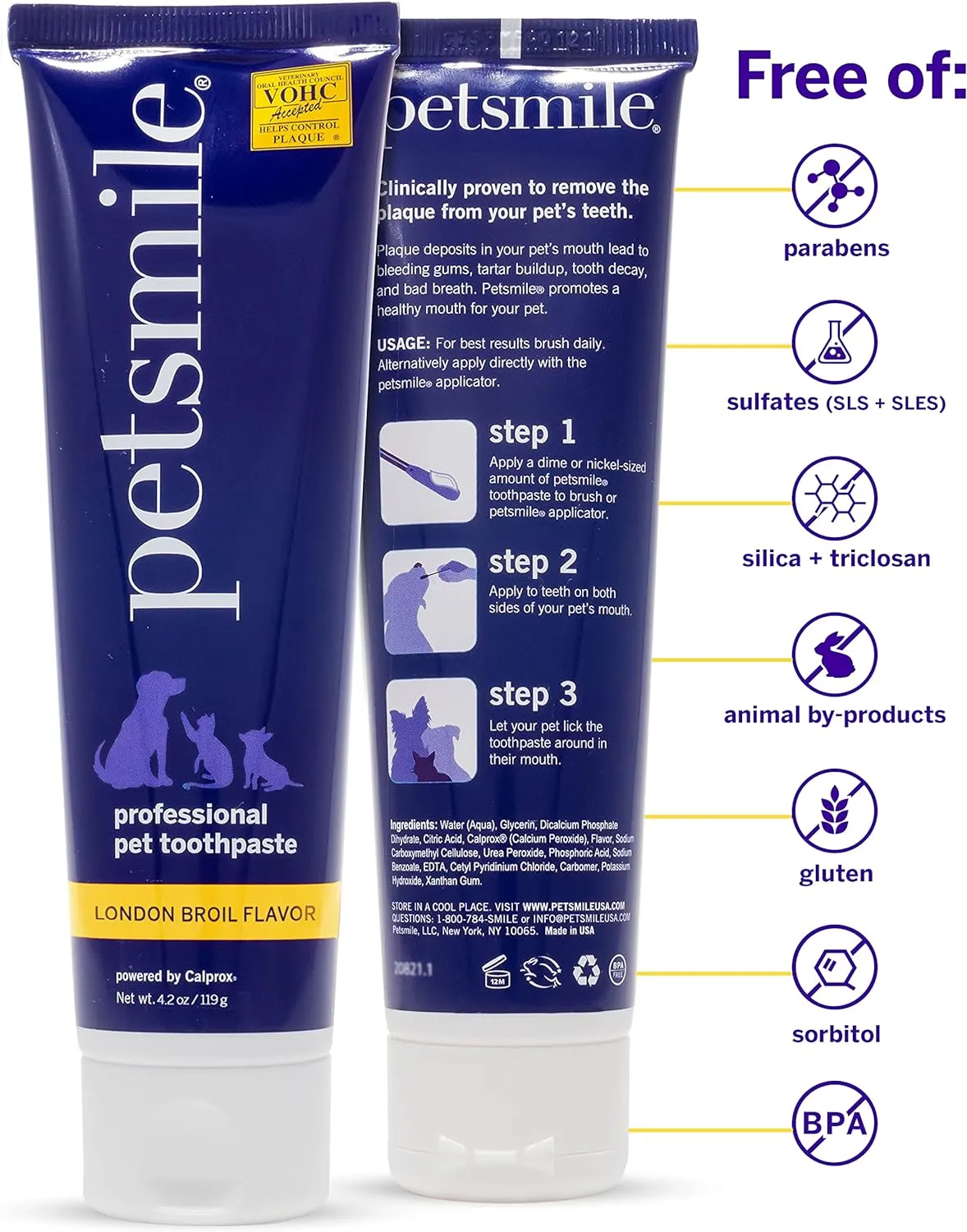 Petsmile Professional Pet Toothpaste for Cats & Dogs - Only VOHC Accepted Toothpaste - Clinically Proven to Control Plaque & Tartar Calprox Formula (London Broil, 4.2 Oz)