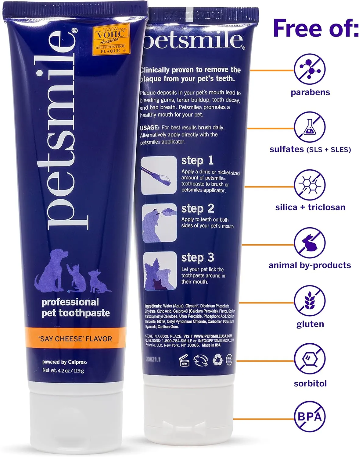 Petsmile Professional Pet Toothpaste for Cats & Dogs - Only VOHC Accepted Toothpaste - Clinically Proven to Control Plaque & Tartar Calprox Formula (Say Cheese, 4.2 Oz)