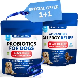 Probiotic Powder   Allergy Relief Chews Bundle - Supports Gut Health, Immunity, Yeast Balance - Omega 3, Skin & Coat Support, Anti-Itch, Hot Spots Treatment, Seasonal Allergy Relief