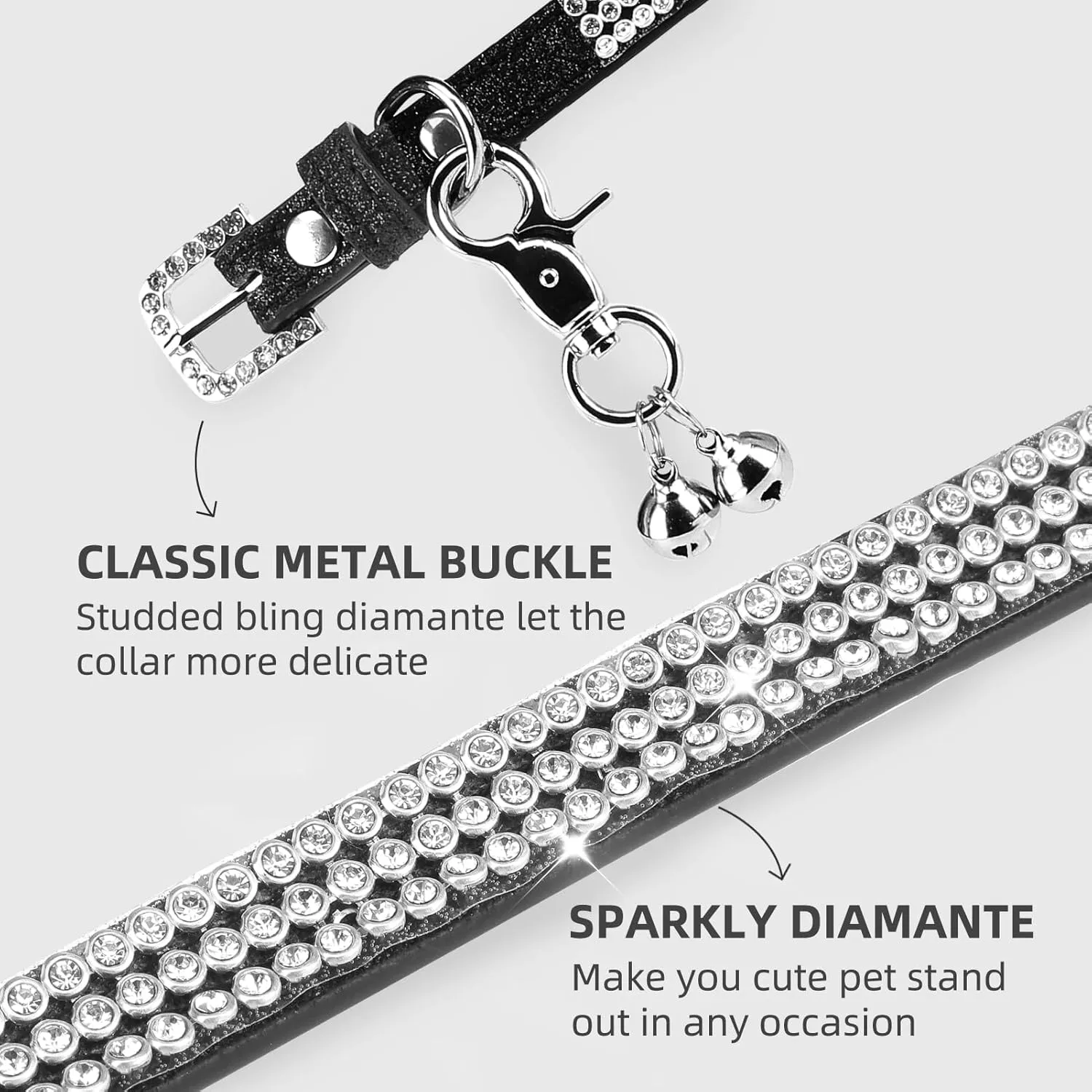PUPTECK Basic Adjustable Cat Collar with Bling Diamante and Double Bells, for Kitten and Small Puppy, Fashion and Shining, 6-8 in, Black