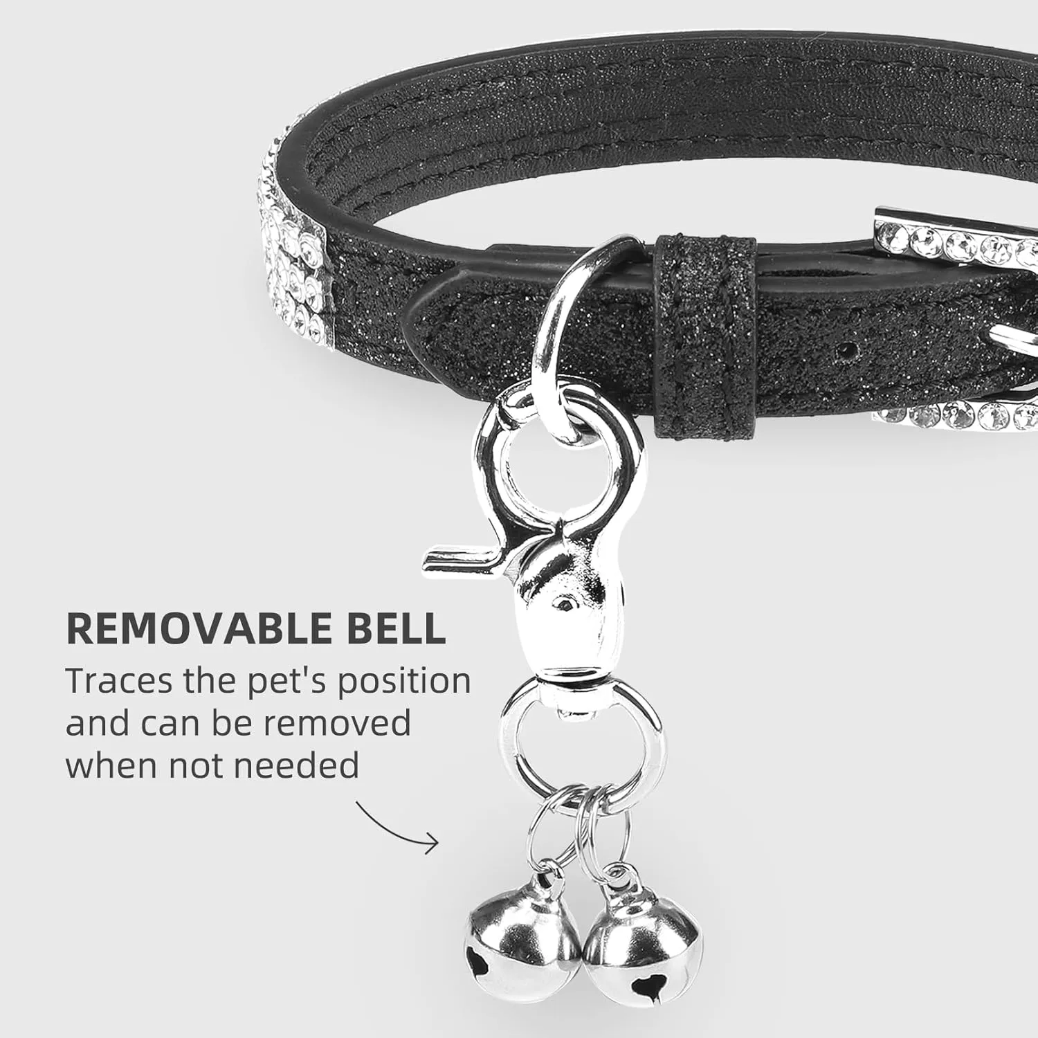 PUPTECK Basic Adjustable Cat Collar with Bling Diamante and Double Bells, for Kitten and Small Puppy, Fashion and Shining, 6-8 in, Black