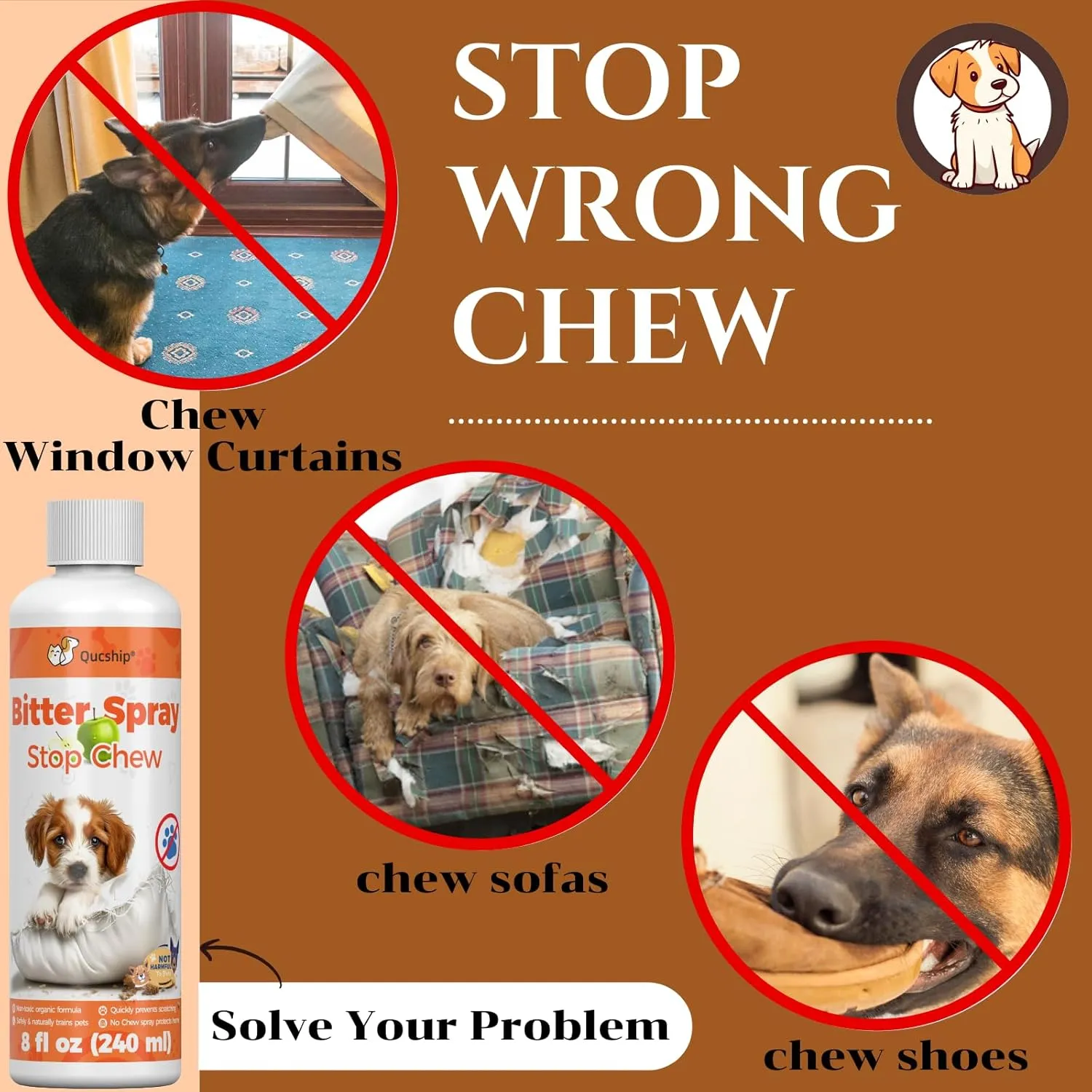 Qucship Bitters for Dogs - Powerful Chew Deterrent - 8 oz Bottle