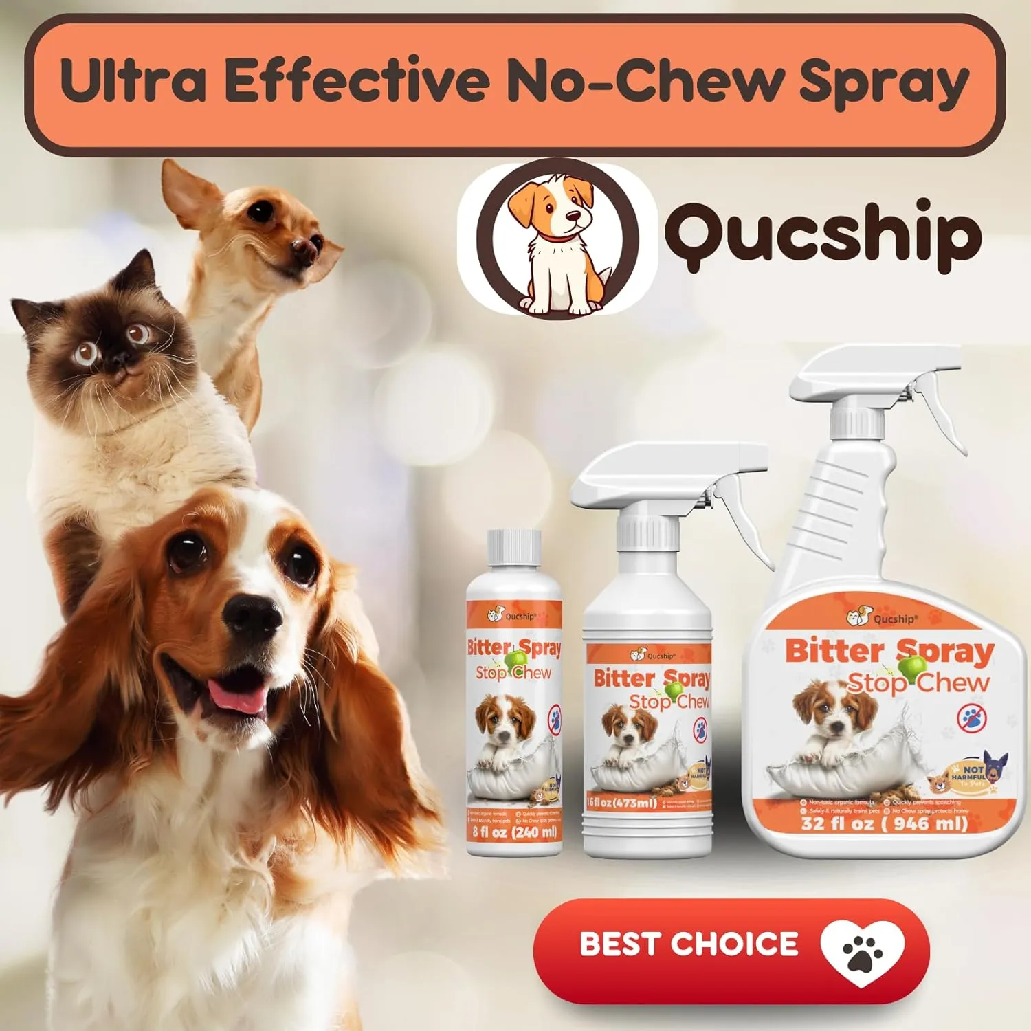 Qucship Bitters for Dogs - Powerful Chew Deterrent - 8 oz Bottle