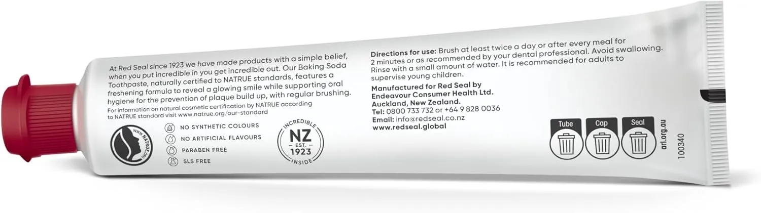 Red Seal Fluoride Free Toothpaste - Baking Soda - Herbal & Mineral Formula, Vegan-Friendly, Cruelty-Free, SLS and Paraben-Free, No Artificial Flavors, NATRUE Certified Natural, Dry Mouth Relief