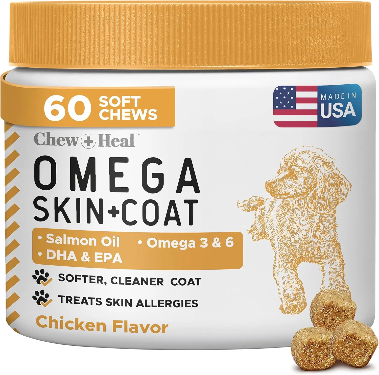 Salmon Oil for Dogs -60 Soft Chew Omega Treats Skin and Coat Supplement for Dogs -Fish Oil Blend of Fatty Acids, Omega 3 and 6, Vitamins, Antioxidants, Minerals -Made in USA