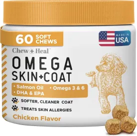 Salmon Oil for Dogs -60 Soft Chew Omega Treats Skin and Coat Supplement for Dogs -Fish Oil Blend of Fatty Acids, Omega 3 and 6, Vitamins, Antioxidants, Minerals -Made in USA