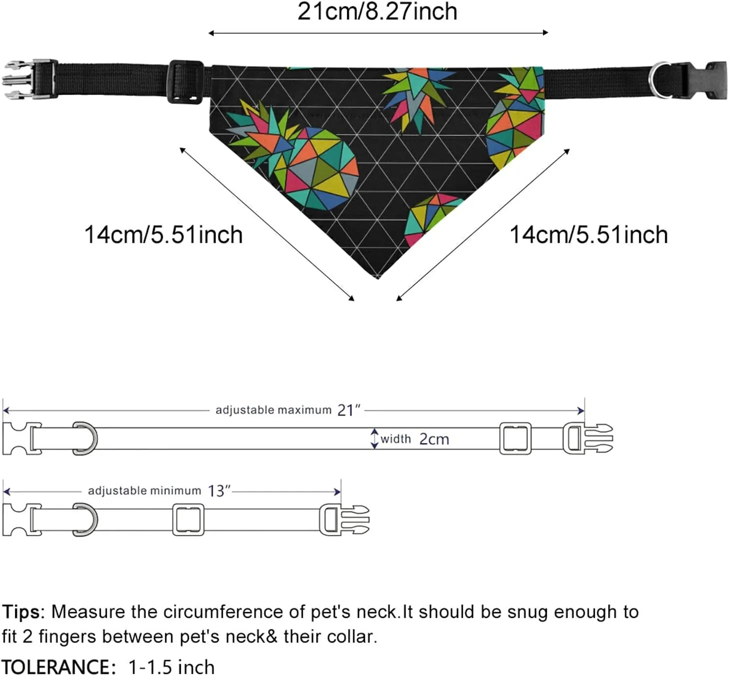 Seamless Colorful Geometric Pineapple on Dark Rhombus Lozenge Dog Adjustable Martingale Collar, Saliva Bibs Pet Regular Collars for Cat Pets, Buckle Bandanas Triangle Kerchief Bibs Scarf
