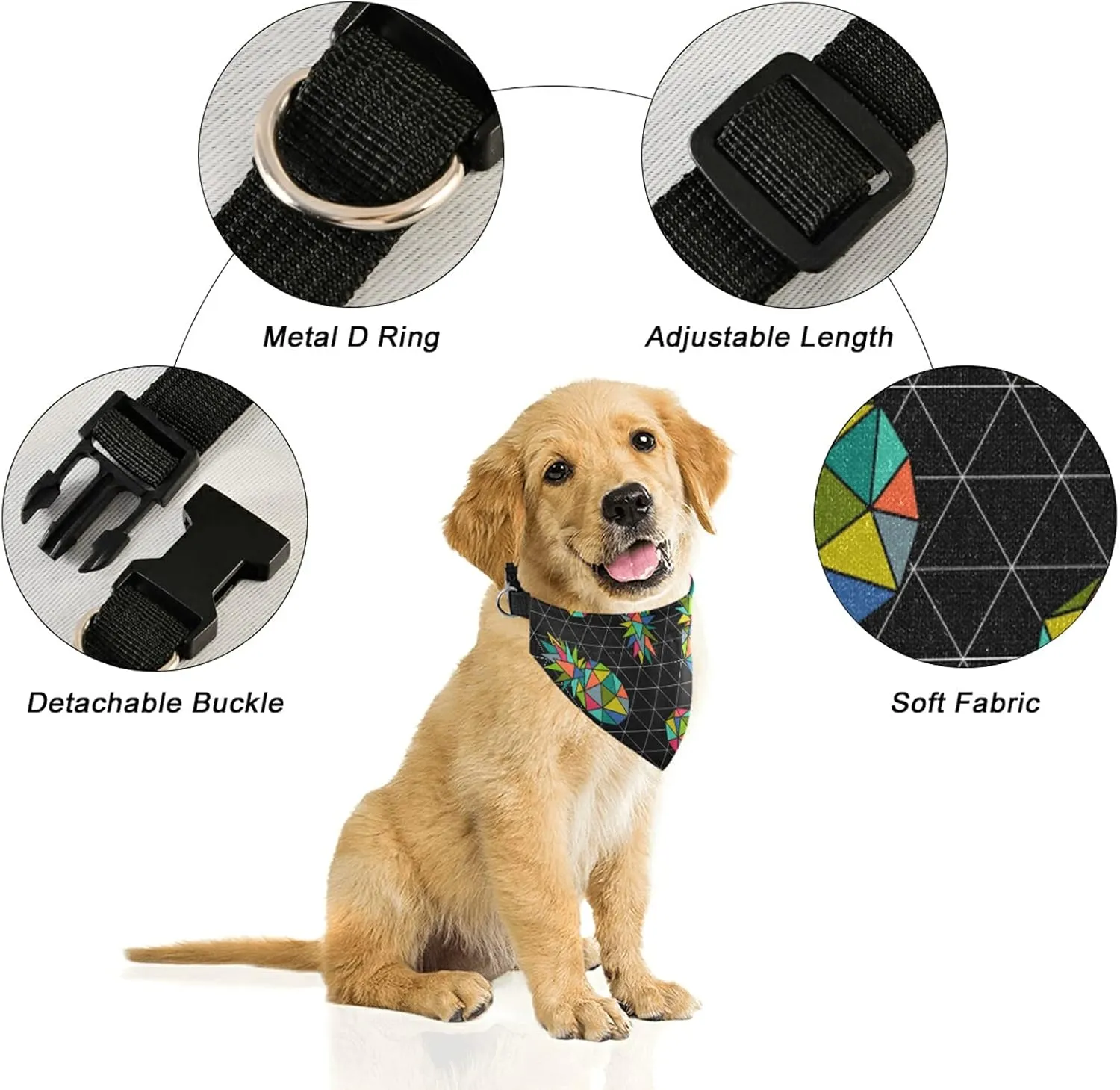 Seamless Colorful Geometric Pineapple on Dark Rhombus Lozenge Dog Adjustable Martingale Collar, Saliva Bibs Pet Regular Collars for Cat Pets, Buckle Bandanas Triangle Kerchief Bibs Scarf