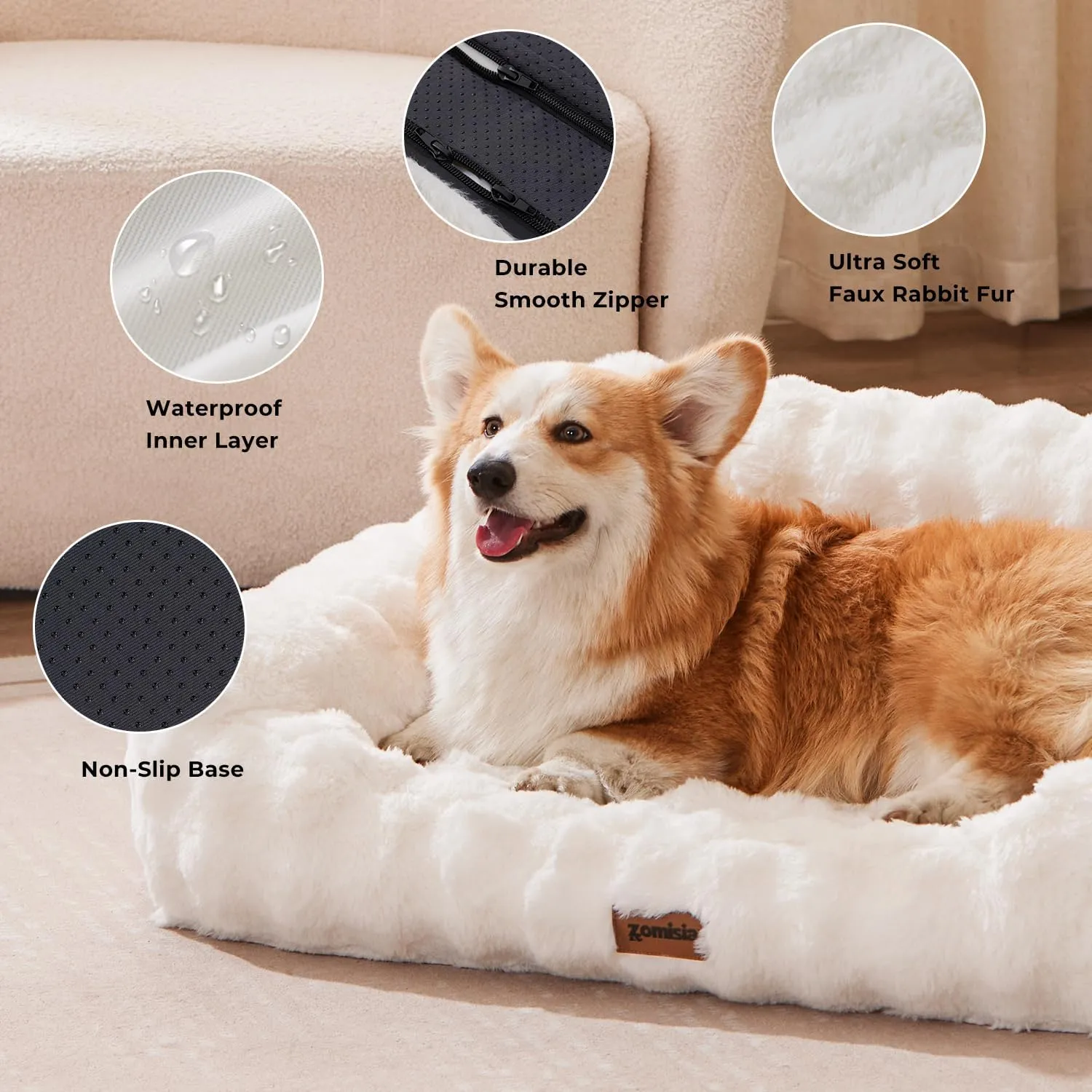 Small Dog Sofa - Orthopedic Cat Sofa Bed for Indoor Cats, Fluffy Faux Fur Dog Couch with Supportive Egg Foam, Cute Pet Couch Bed Removable Washable Cover and Non-Slip Bottom, Ivory White