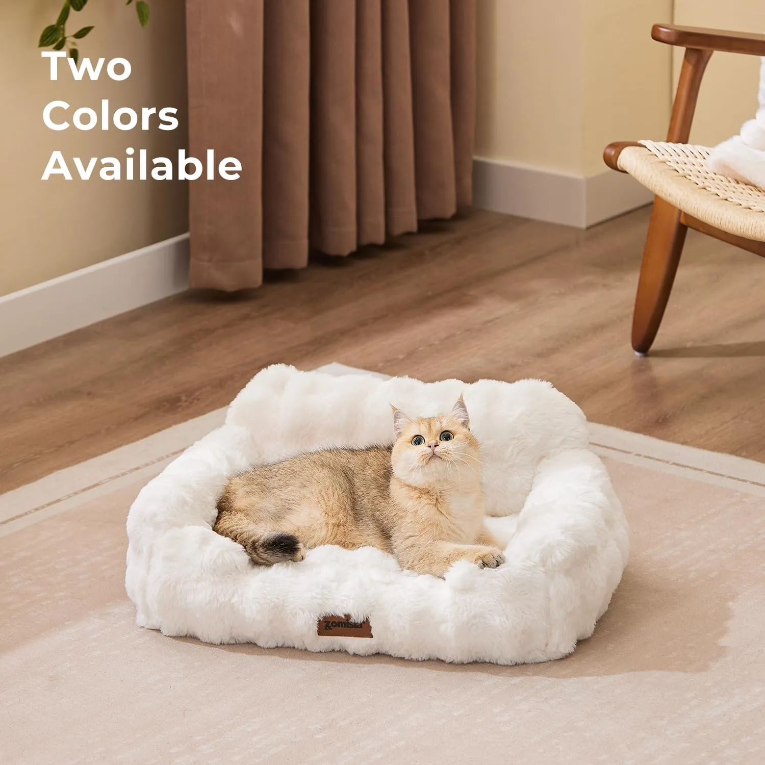 Small Dog Sofa - Orthopedic Cat Sofa Bed for Indoor Cats, Fluffy Faux Fur Dog Couch with Supportive Egg Foam, Cute Pet Couch Bed Removable Washable Cover and Non-Slip Bottom, Ivory White