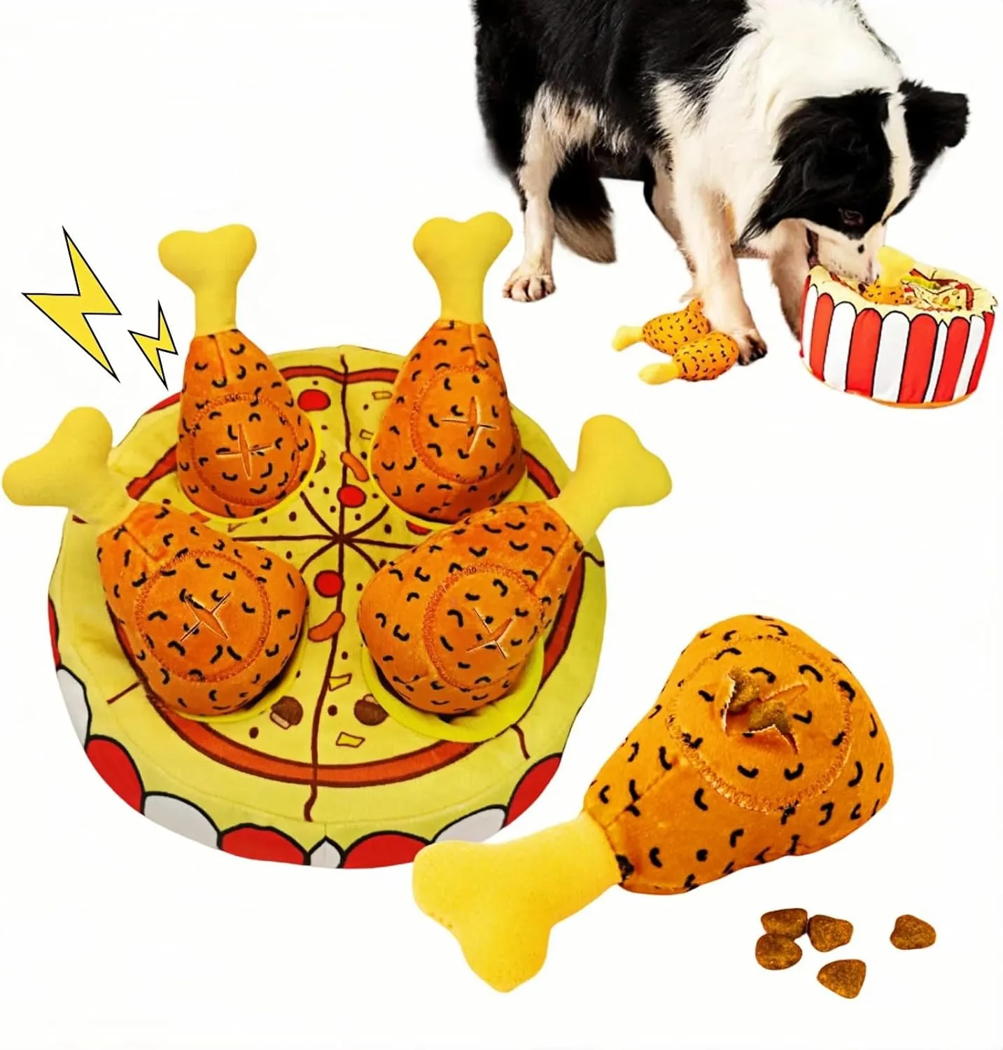 Squeaky Hide and Seek Plush Dog Toy with Food Pockets & Pizza Tub - Interactive Puppy Toys for Mental Stimulation, Boredom Relief & Training (4 Chicken Legs Included)