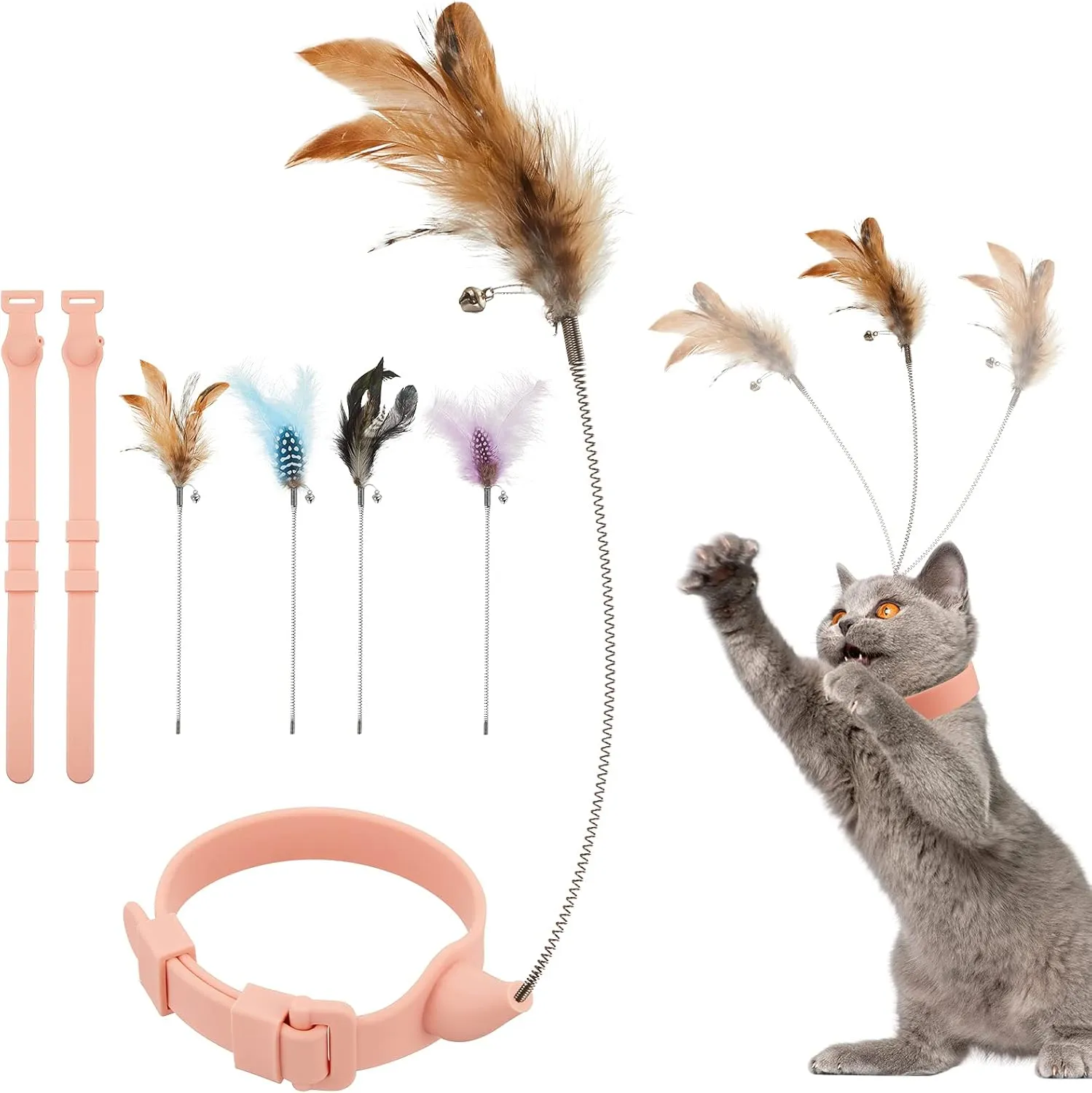 Sumind 6-Piece Cat Collar Set - Interactive Feather Wand Toys with Bell, Fun Kitten Teaser