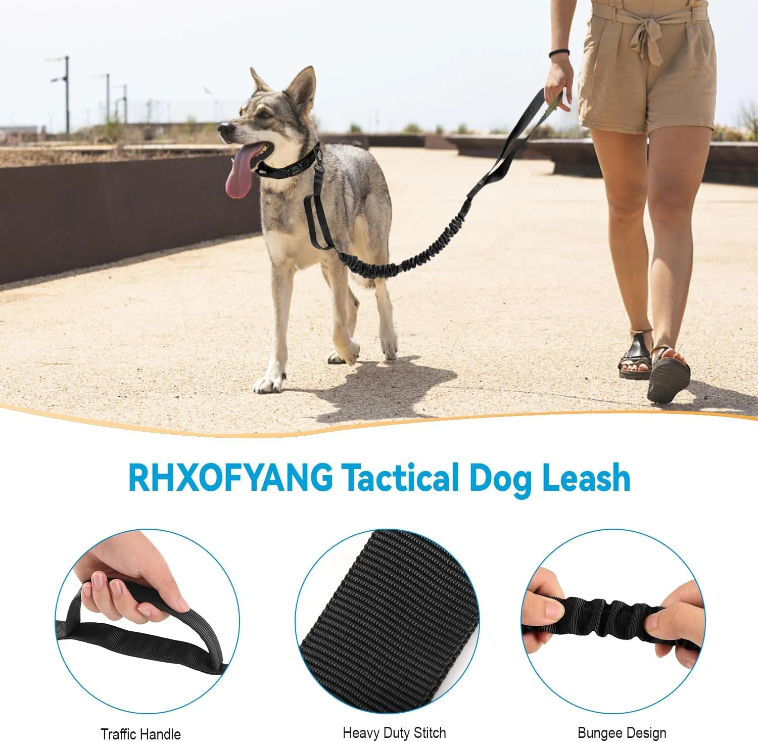 Tactical Dog Leash - Heavy Duty Bungee for Medium & Large Dogs, No Pull for Shock Absorption, 2 Handles Dog Training Leash (Max 4.9FT, Black)
