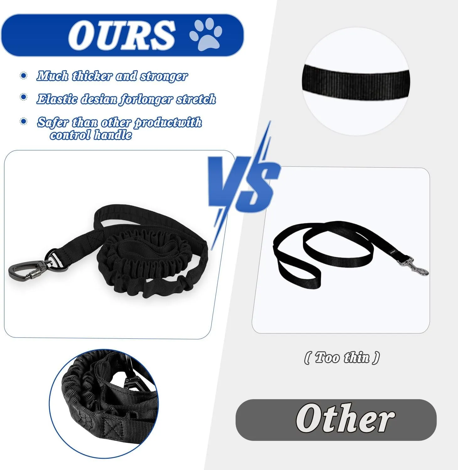 Tactical Dog Leash - Heavy Duty Bungee for Medium & Large Dogs, No Pull for Shock Absorption, 2 Handles Dog Training Leash (Max 4.9FT, Black)