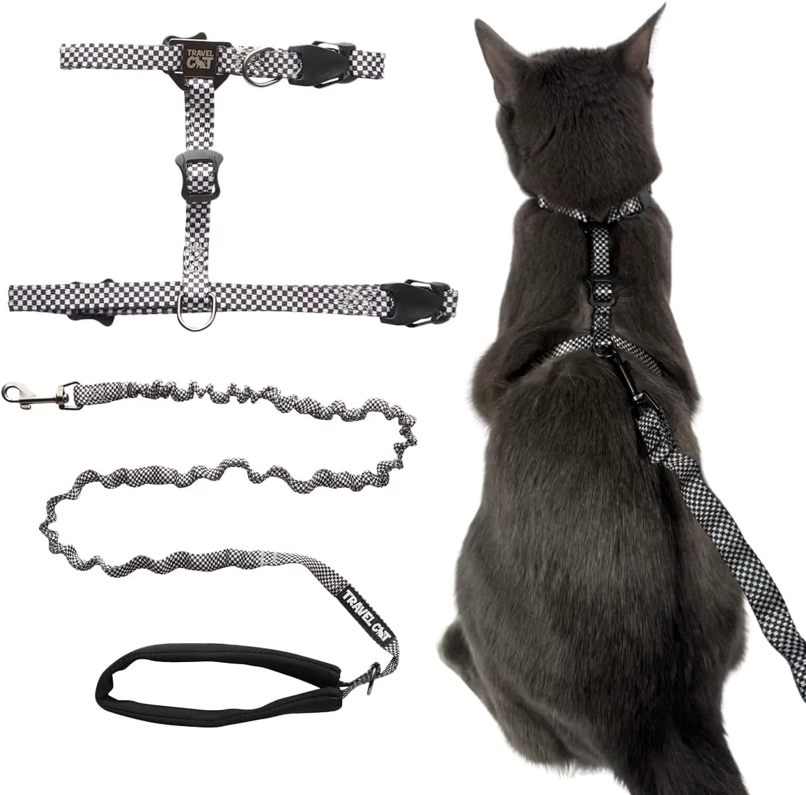 Travel Cat Harness and Bungee Leash Set - 2 in 1 Adjustable Escape Proof Cat Harness & Leash for Small, Medium, Large Cats, Kitten - Safe H-Style Cat Leash Harness for Outdoor Walking (Checkered)