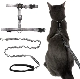 Travel Cat Harness and Bungee Leash Set - 2 in 1 Adjustable Escape Proof Cat Harness & Leash for Small, Medium, Large Cats, Kitten - Safe H-Style Cat Leash Harness for Outdoor Walking (Checkered)
