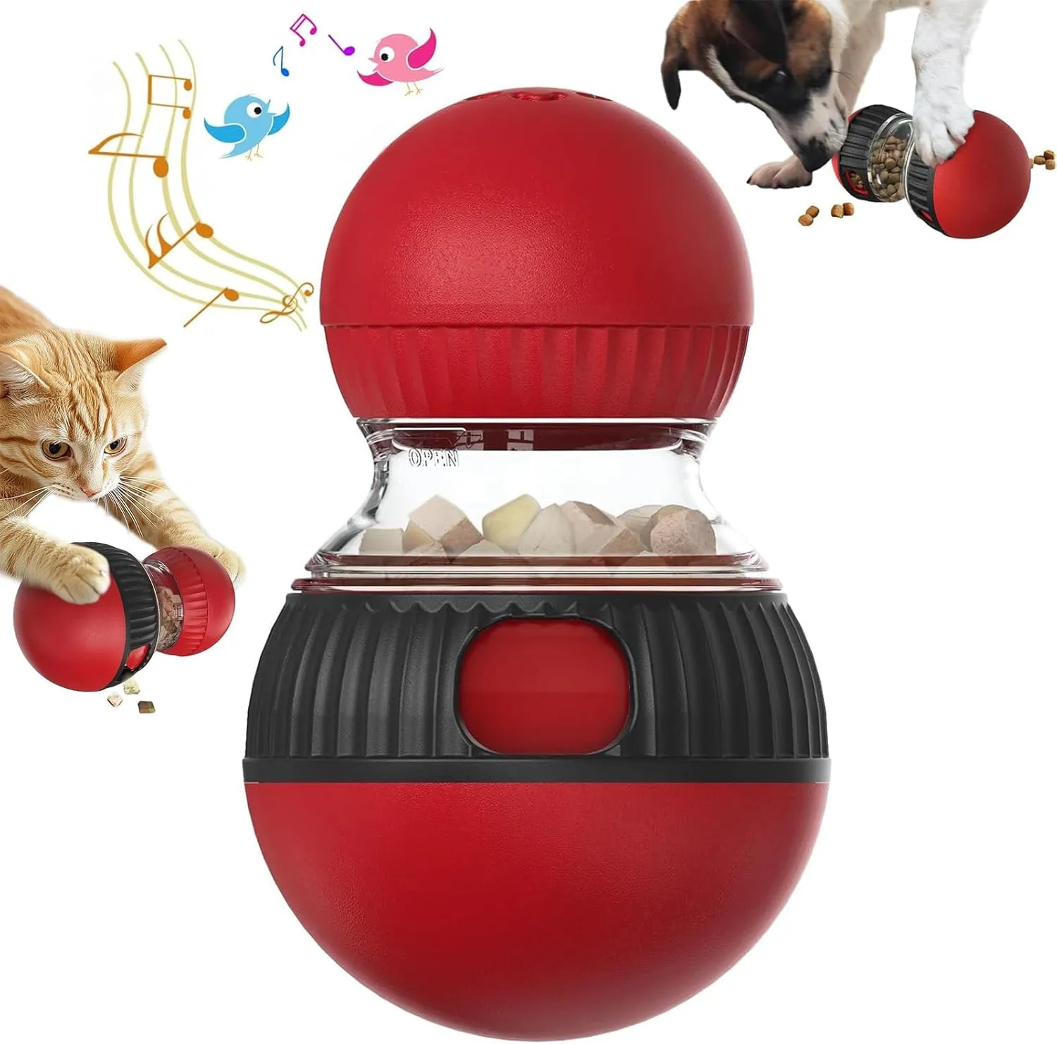 Treat Dispensing Cognitive Dog Toys Dog Puzzle Feeder Toy for Dogs and Cats with Bird Chirping Adjustable Food Dispenser Slow Feeding for Small Medium Large Dogs & Cats (Red)