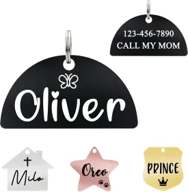 Ultra Joys Personalized Cat Collar Name Tag Small Pet ID Tags for Cats - Customized Mini Cute Dog Cat ID Tag - Bothside Engravable Lightweight Durable Stainless Steel - Semi Circle Tag in Black