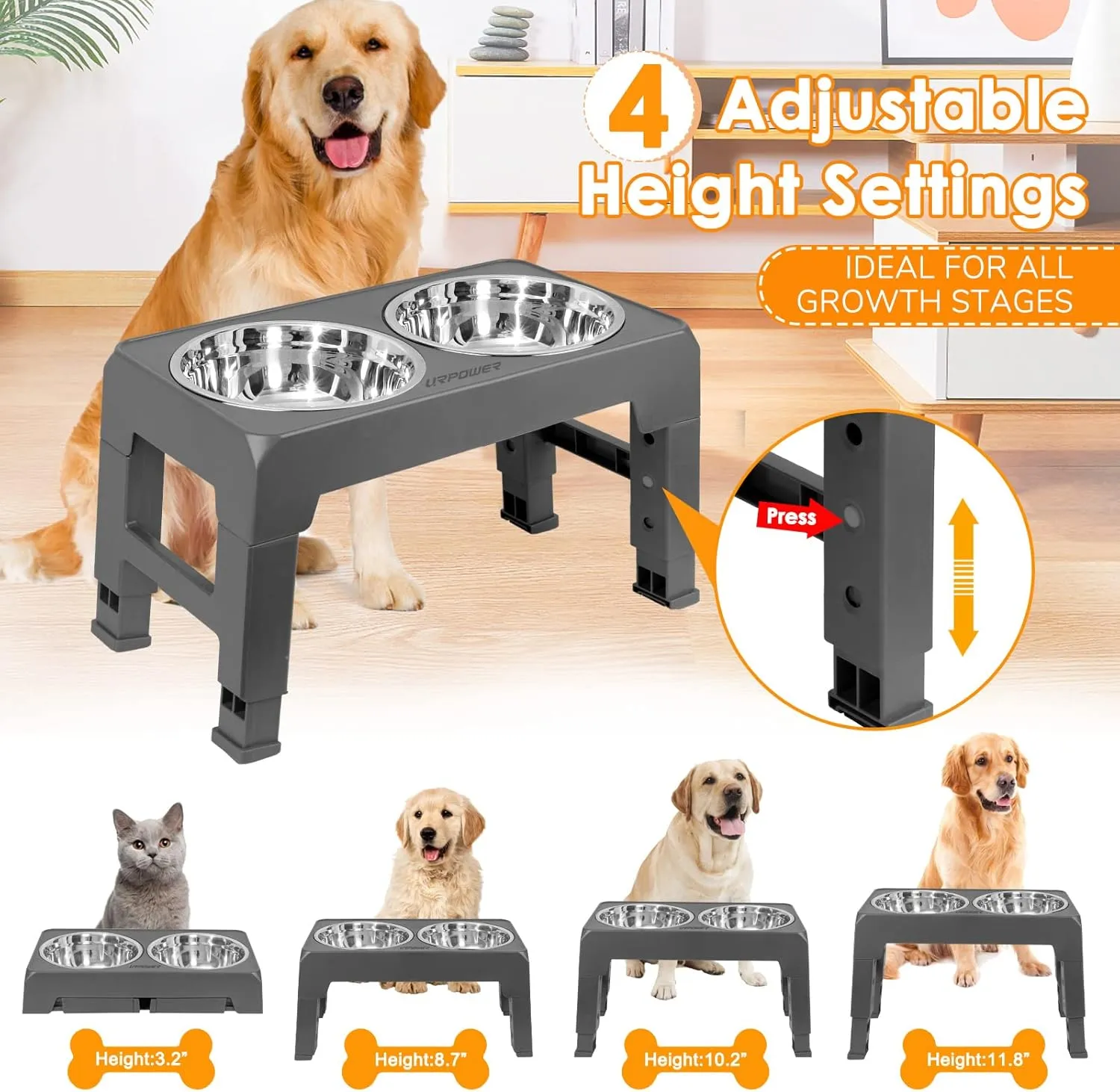URPOWER Elevated Dog Bowls 4 Height Adjustable Raised Dog Bowl with 2 Stainless Steel Food and Water Bowls Non-Slip Bowl Stand Adjusts to 3.2,8.7,10.2,11.8for Small Medium Large Dogs and Pets