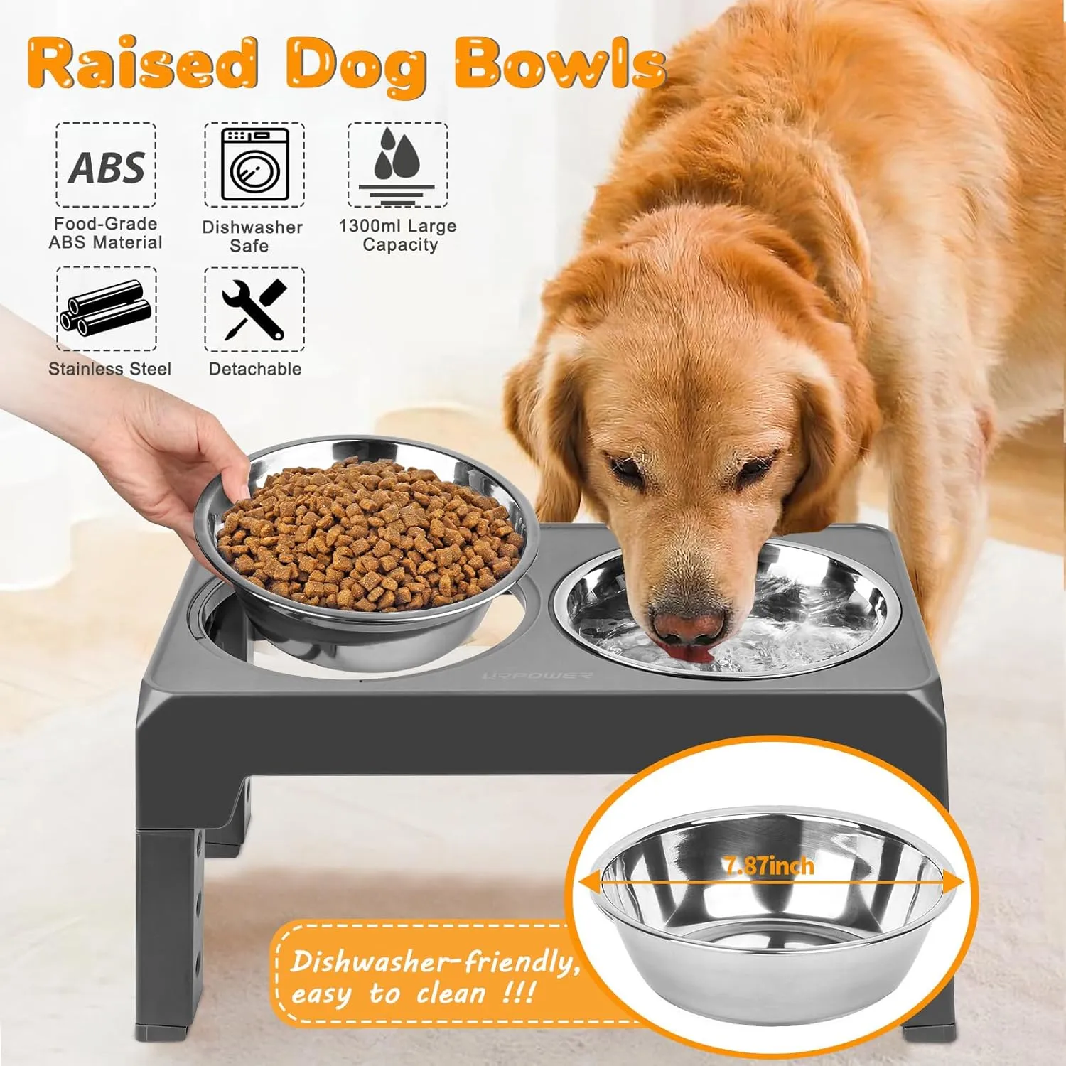 URPOWER Elevated Dog Bowls 4 Height Adjustable Raised Dog Bowl with 2 Stainless Steel Food and Water Bowls Non-Slip Bowl Stand Adjusts to 3.2,8.7,10.2,11.8for Small Medium Large Dogs and Pets