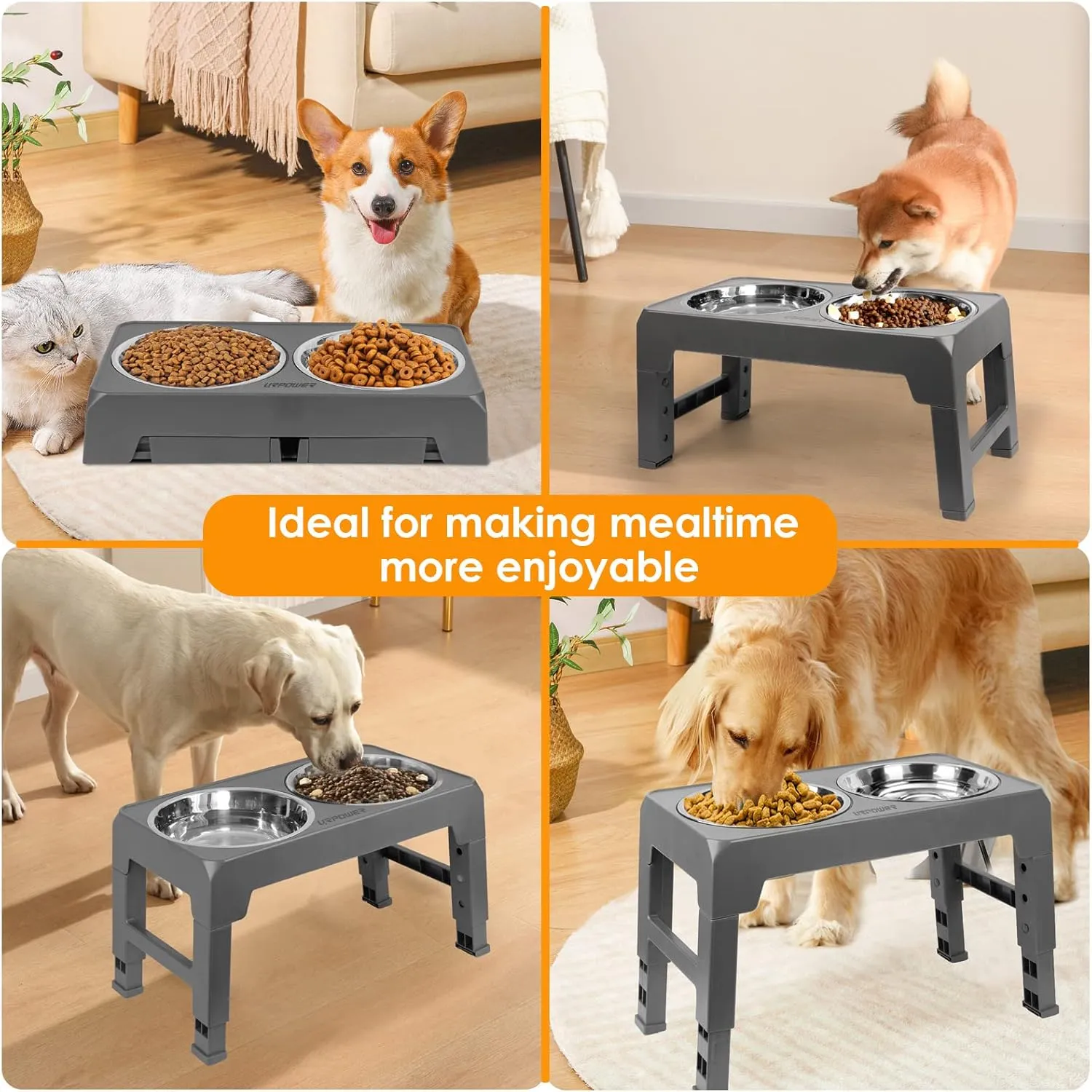 URPOWER Elevated Dog Bowls 4 Height Adjustable Raised Dog Bowl with 2 Stainless Steel Food and Water Bowls Non-Slip Bowl Stand Adjusts to 3.2,8.7,10.2,11.8for Small Medium Large Dogs and Pets