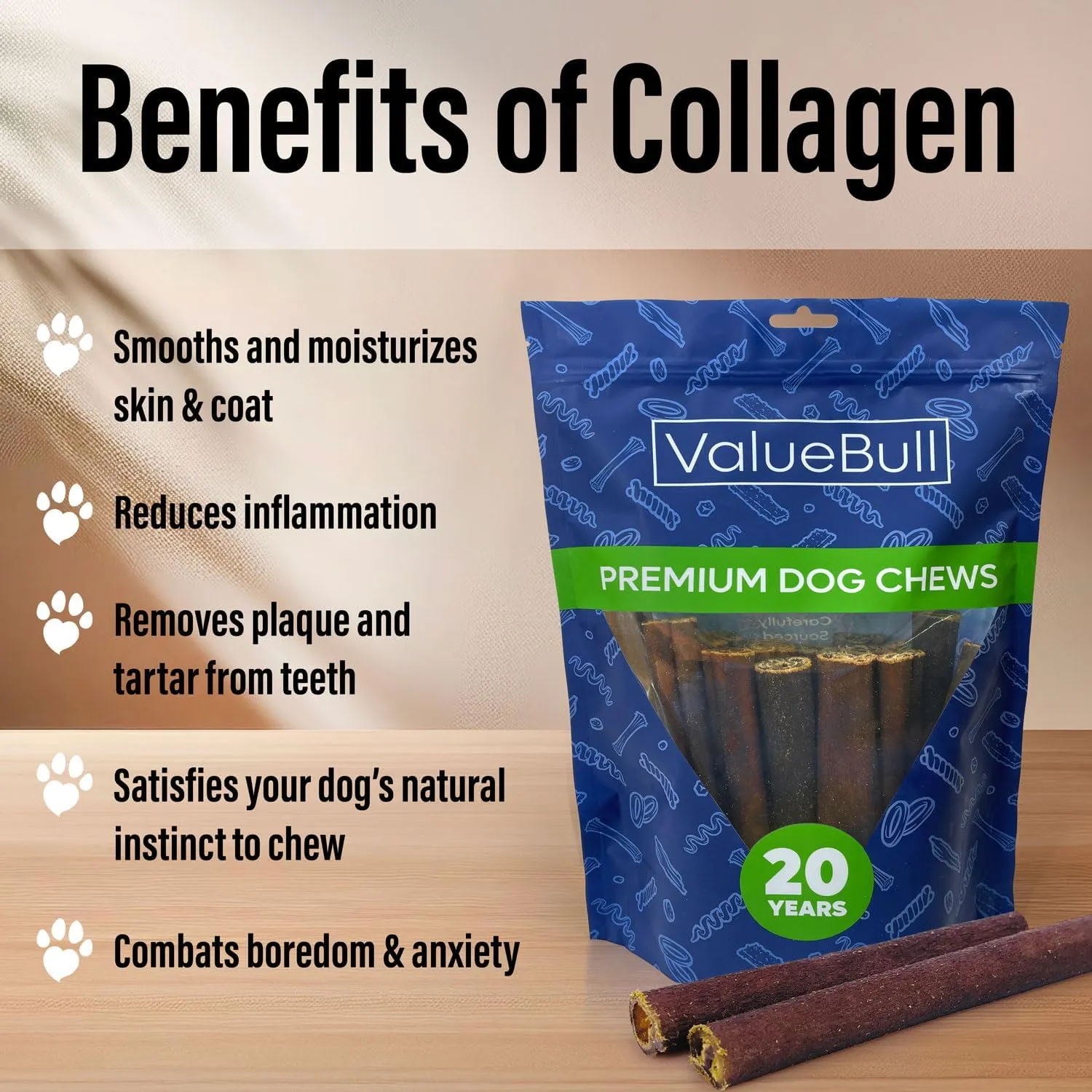 ValueBull USA Collagen Sticks for Dogs, 6 Inch Jumbo Chews, Natural Long-Lasting Dog Treats, 100 Count Bulk Pack - Supports Joints, Skin & Coat with Chondroitin & Glucosamine