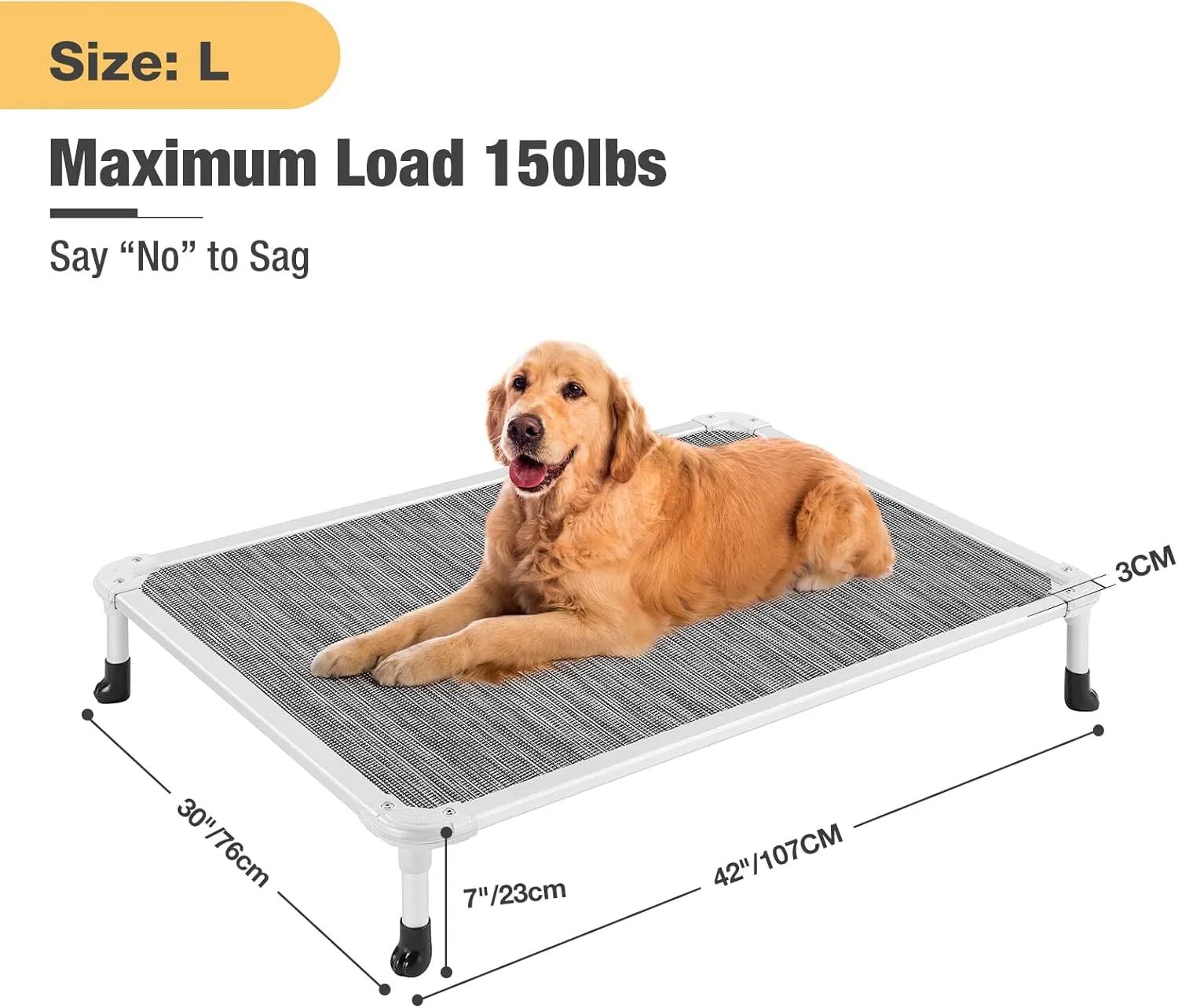Veehoo Chew Proof Elevated Dog Bed - Cooling Raised Pet Cot - Silver Aluminum Frame and Durable Textilene Mesh Fabric, Unique Designed No-Slip Feet for Indoor or Outdoor Use, Black Silver, Large