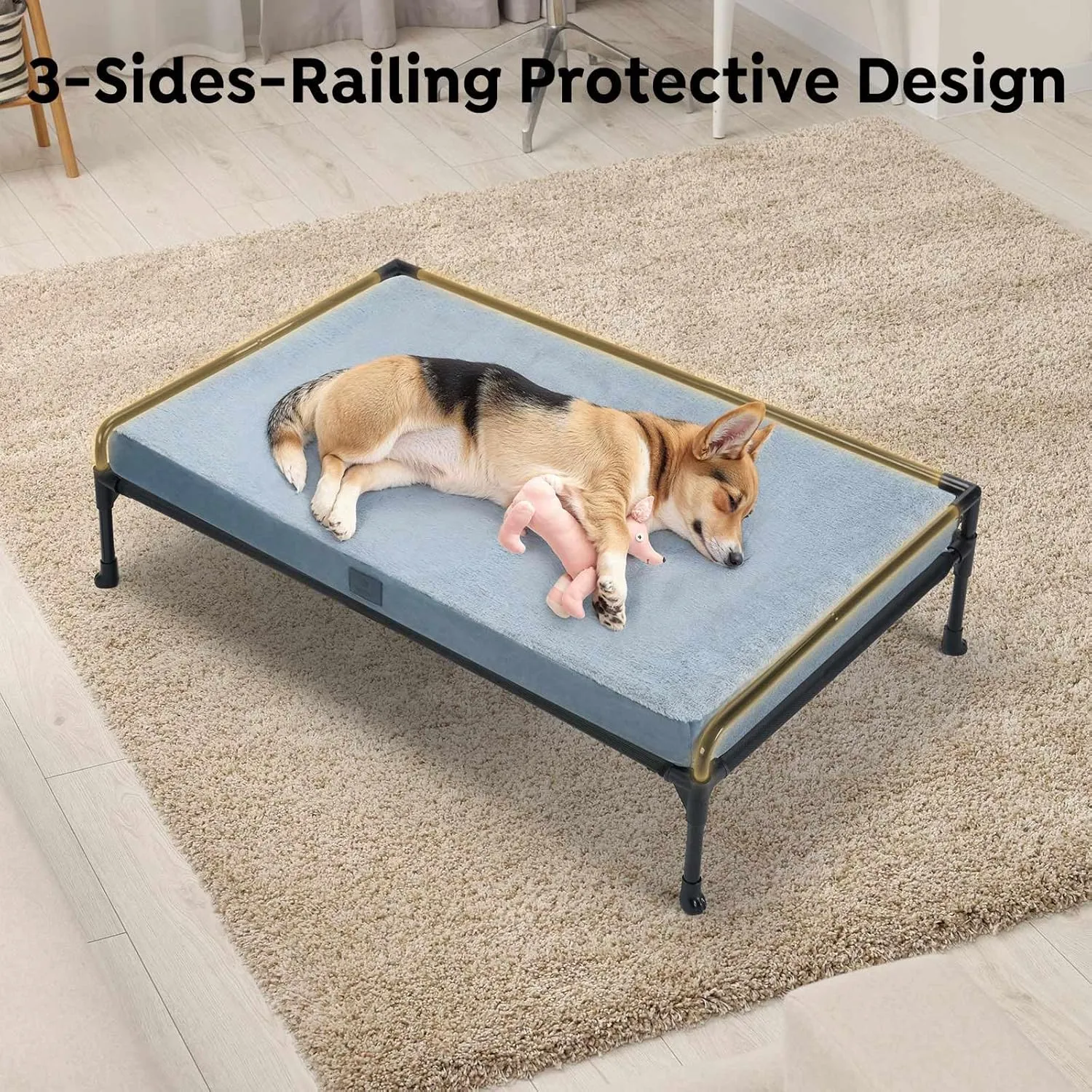 Veehoo Elevated Raised Dog Bed Removable Dog Cot Mat-Cooling Outdoor Large Pet Bed Three-Sided Guardrail Raised Pet Cot Hammock Bed with Bolster-41 x 27" Black