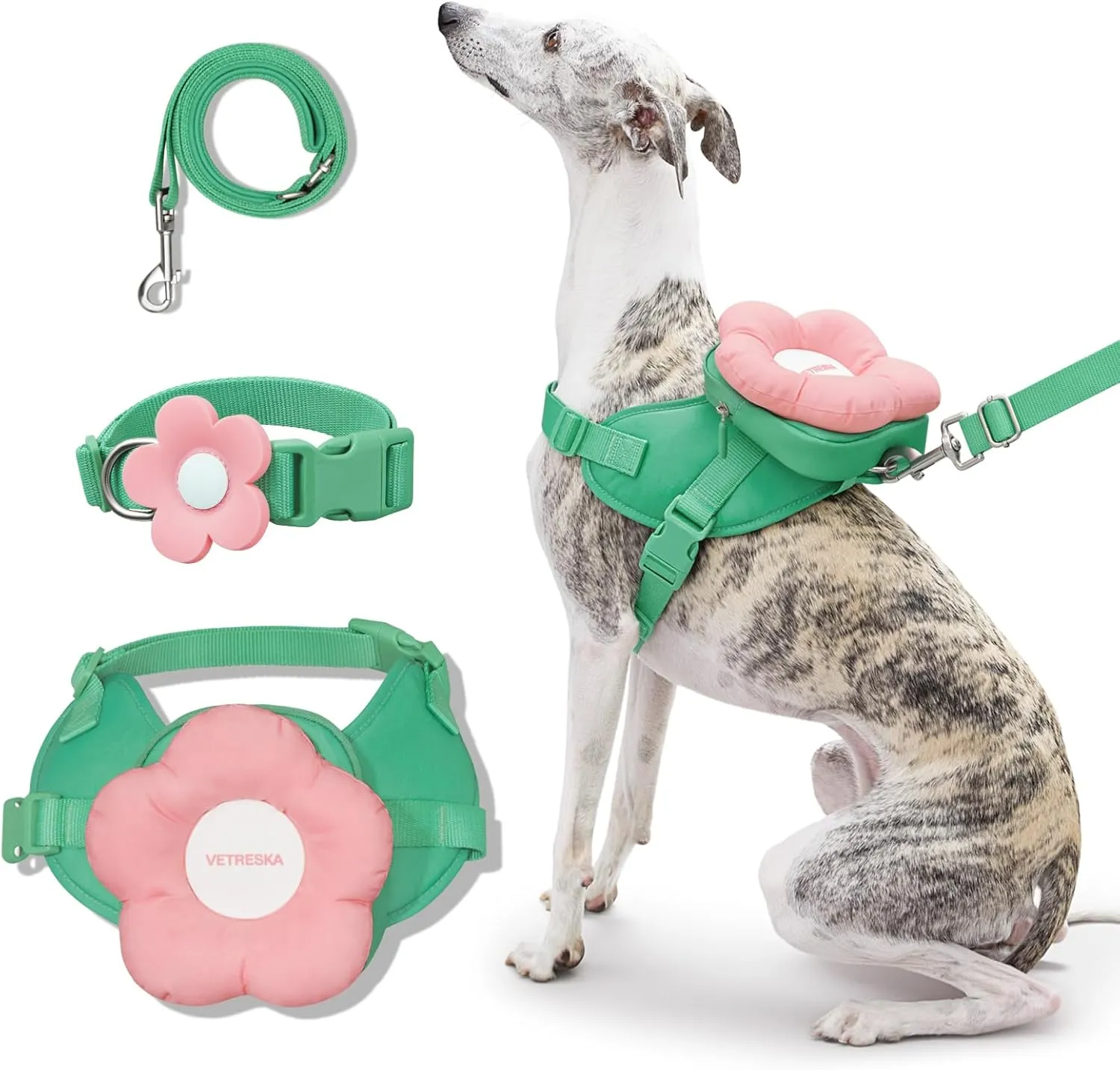 VETRESKA Flora Dog Harness, Leash and Collar Set, No Pull Dog Vest Harness for Walking and Training, Adjustable, Easy Control and Soft Padded Pet Harness and Backpack for Small Medium Large Dogs, S