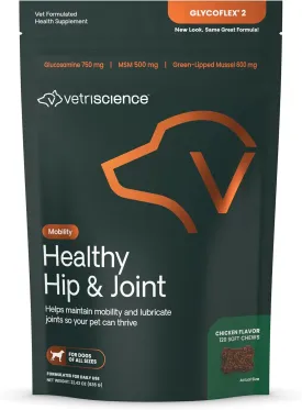 VetriScience Healthy Hip & Joint Glucosamine Supplements for Dogs, with MSM & Green-Lipped Mussels for Dogs, Soft Chews, Chicken, 120 Count - New Look