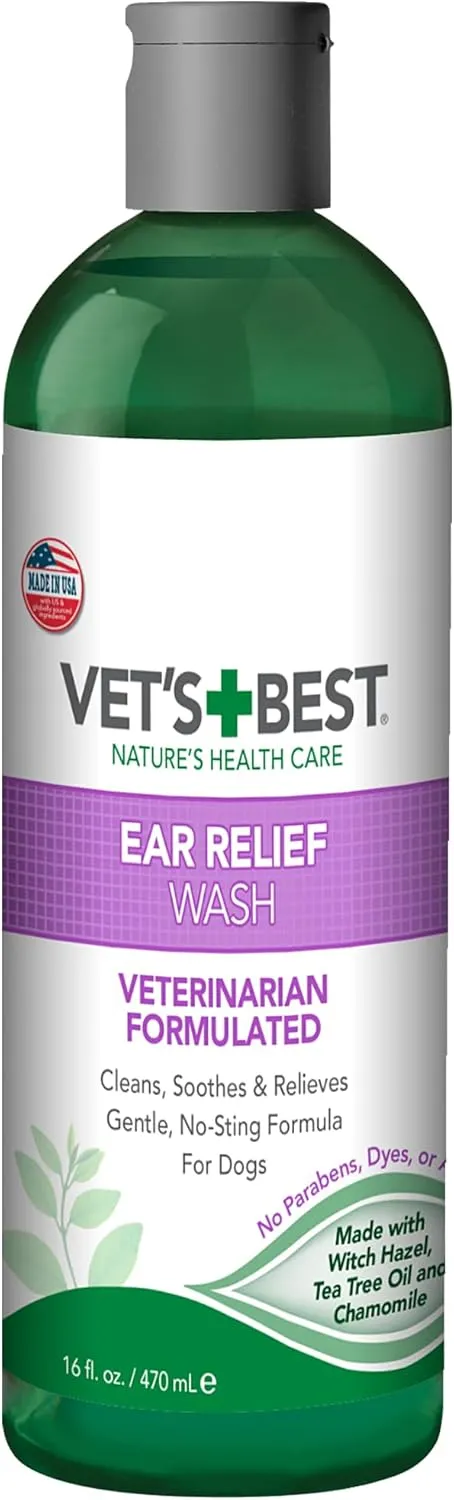 Vet's Best Dog Ear Relief Wash - Alcohol-Free No-Sting Formula - Controls Odors & Itching - Cleans Wax & Debris - 16 Ounces