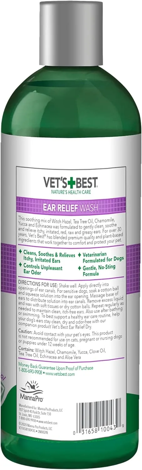 Vet's Best Dog Ear Relief Wash - Alcohol-Free No-Sting Formula - Controls Odors & Itching - Cleans Wax & Debris - 16 Ounces