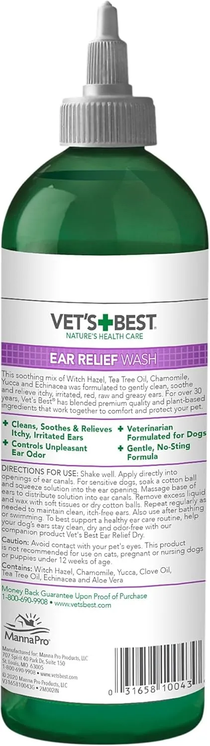 Vet's Best Dog Ear Relief Wash - Alcohol-Free No-Sting Formula - Controls Odors & Itching - Cleans Wax & Debris - 16 Ounces