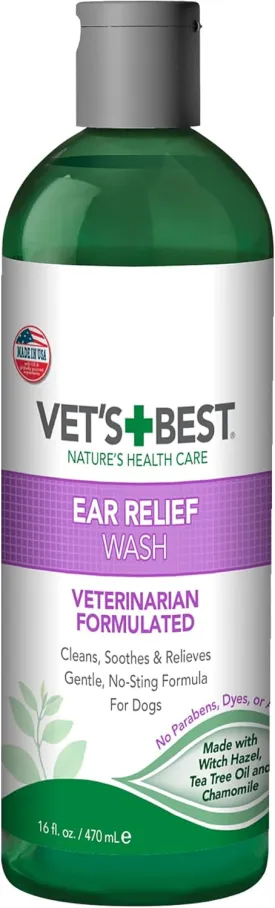 Vet's Best Dog Ear Relief Wash - Alcohol-Free No-Sting Formula - Controls Odors & Itching - Cleans Wax & Debris - 16 Ounces