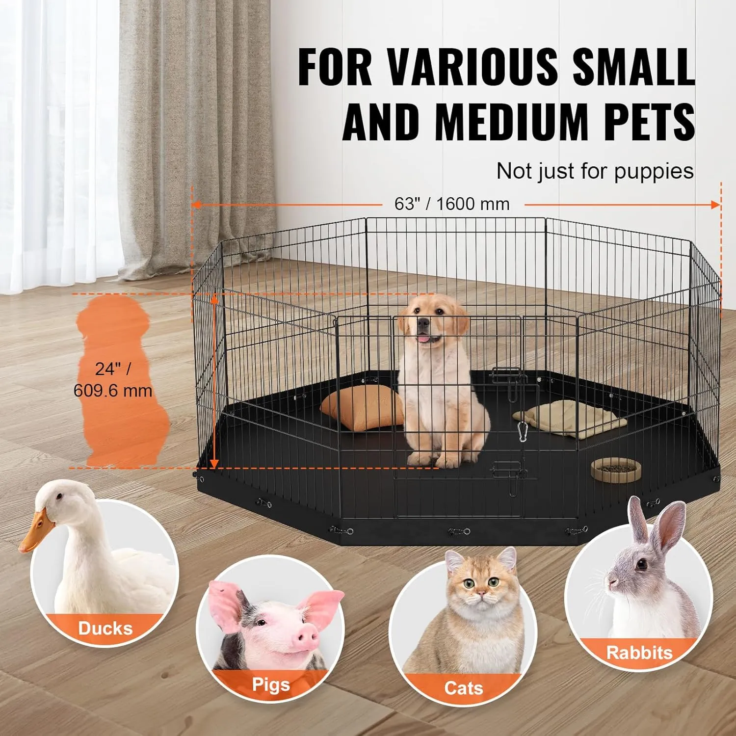 VEVOR Foldable Metal Dog Exercise Pen, Pet Playpen Dog Fence for Camping with Bottom Pad, 24" H 8 Panels, Puppy Crate Kennel Indoor Outdoor for Small & Medium Dogs, Both for Home & Yard Use