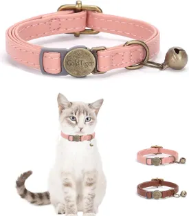 Vintage Style Leather Breakaway Cat Collar - Adjustable, Durable, Retro Bell - Suitable for All Types of Cats and Small Dogs (Pink)
