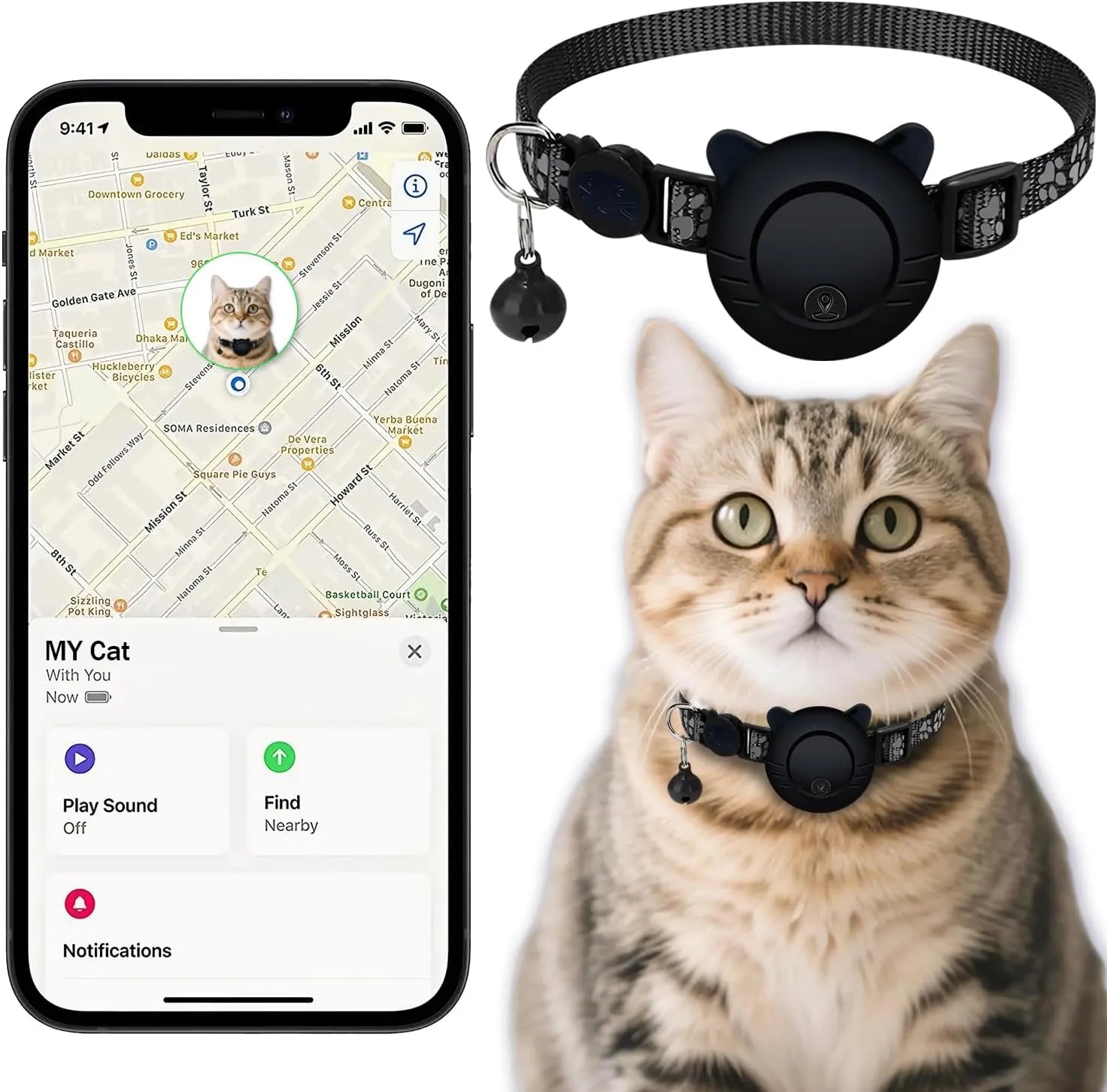 Waterproof Cat Tracker Collar with Airtag Finder | Apple Find My Compatible (iOS Only) | Breakaway Design with Reflective Pattern & Bell | Fits Neck Sizes 8-12" | Black