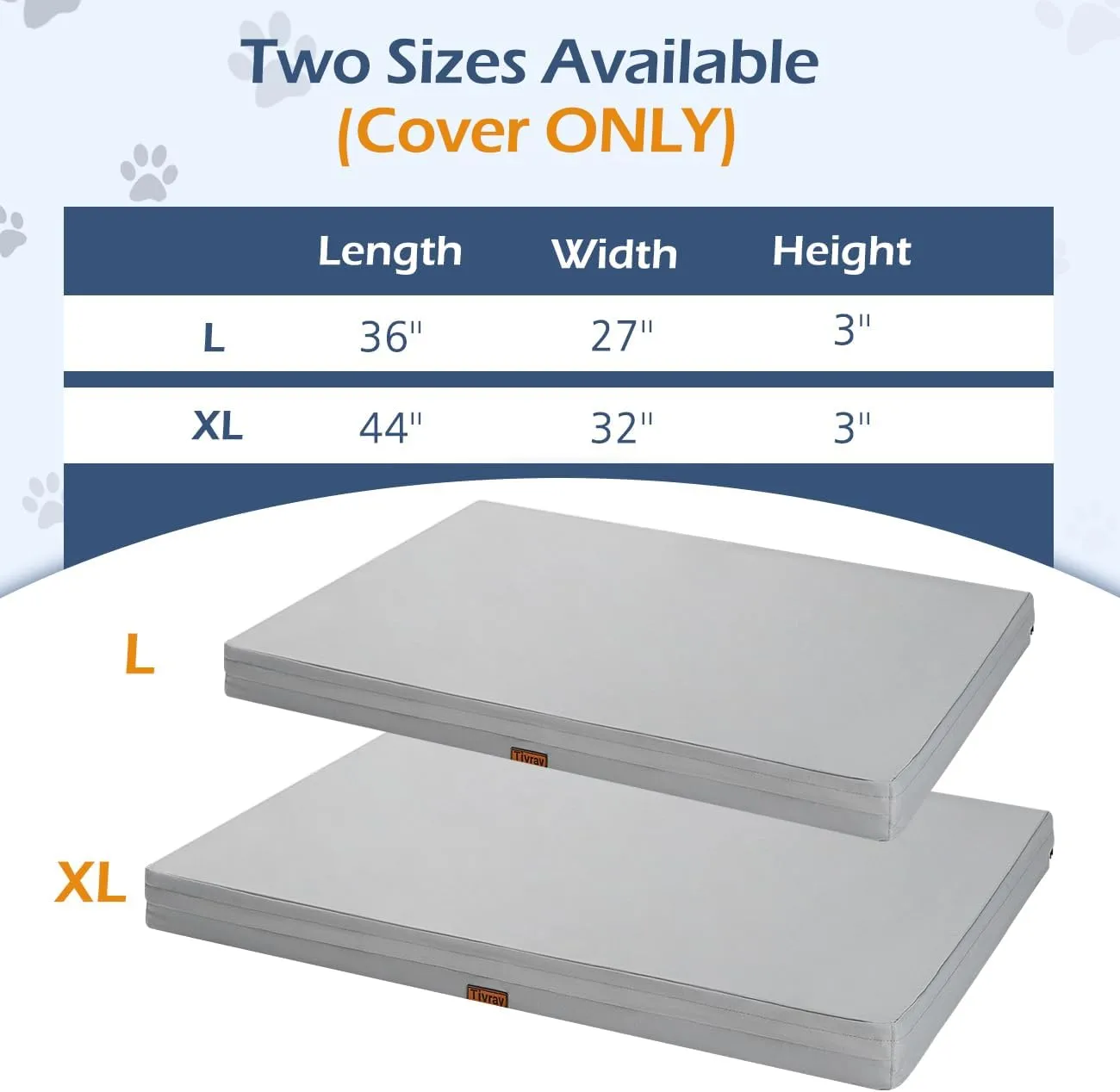 Waterproof Dog Bed Cover, Replacement Dogs Beds Covers with 3-Sided Continuous and Smooth Zipper, Washable Removable Pet Bed Mattress Protector Cover, 36x27x3 inch - L, Cover Only, Grey