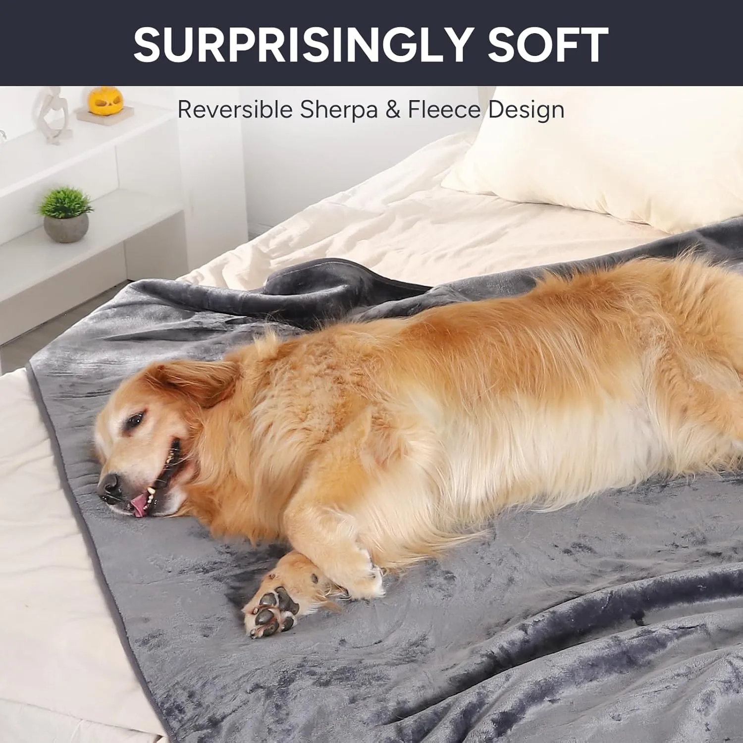 Waterproof Dog Blanket Bed Cover for Bed Couch Sofa, Liquid Pee Proof Pet Blanket Washable, Reversible Sherpa Fleece Blanket Furniture Protector for Medium Large Dogs CatsGray, 50"x 60"
