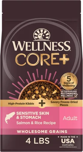 Wellness CORE  Sensitive Skin & Stomach Dry Dog Food with Freeze Dried Pieces, Wholesome Grains, High Protein, Natural, Salmon & Rice Recipe, (4-Pound Bag)
