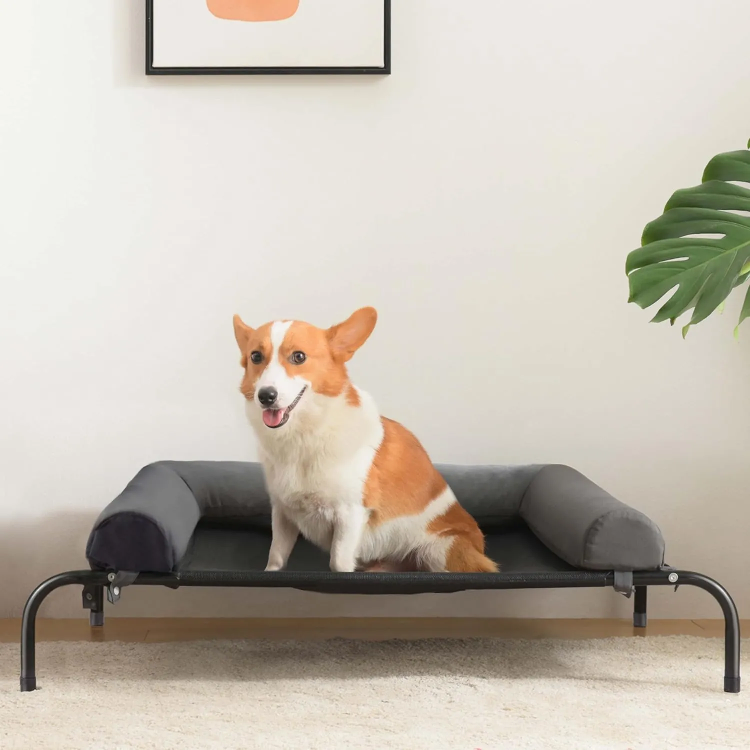 WESTERN HOME WH Elevated Dog Bed Cot, Raised Outdoor Dog Bed with Bolster for Medium Dogs, Slightly Chew Proof Portable Cooling Pet Cot with Breathable Mesh, Skid-Resistant Feet, Grey, 36 inches