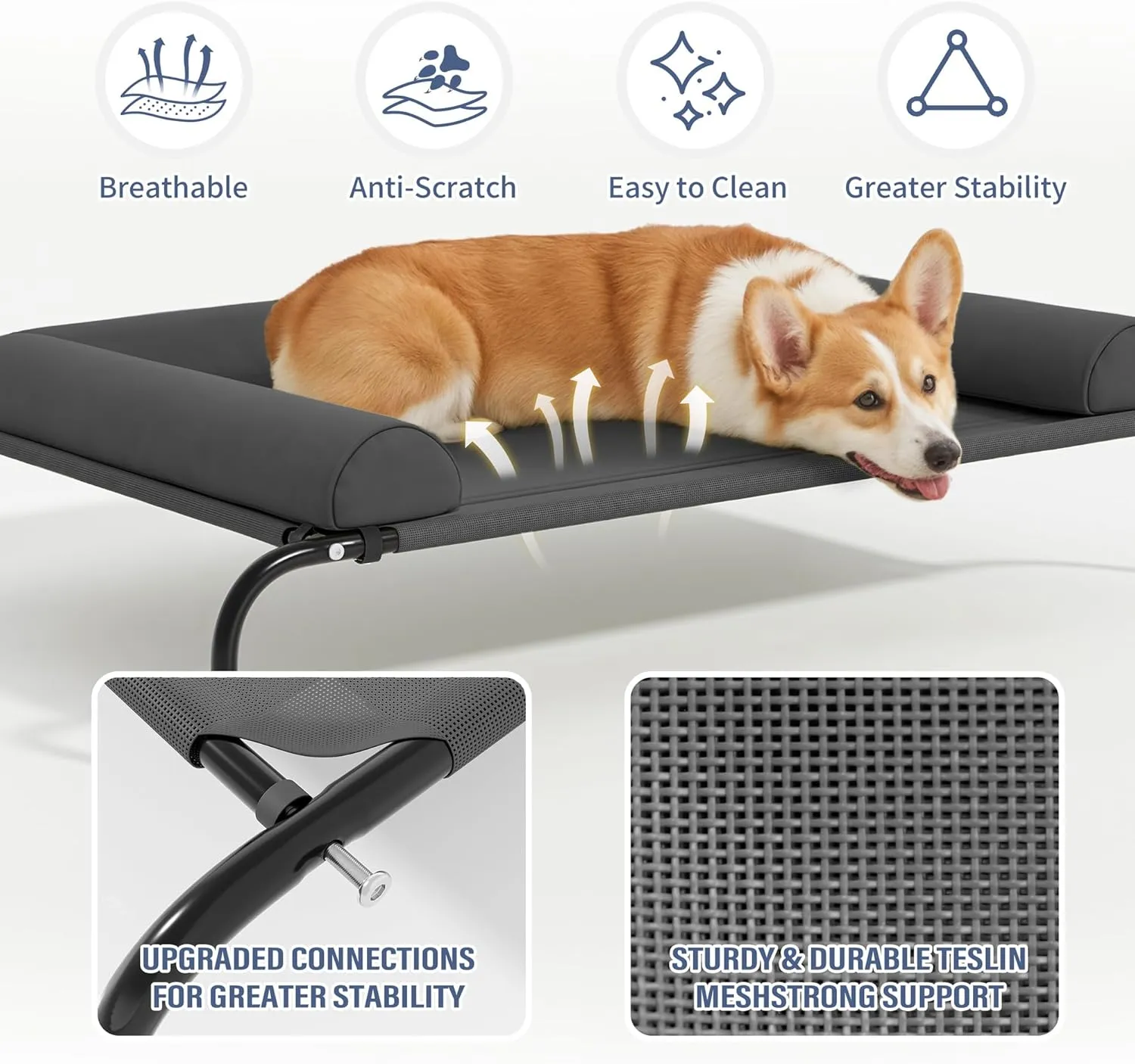 WESTERN HOME WH Elevated Dog Bed Cot, Raised Outdoor Dog Bed with Bolster for Medium Dogs, Slightly Chew Proof Portable Cooling Pet Cot with Breathable Mesh, Skid-Resistant Feet, Grey, 36 inches
