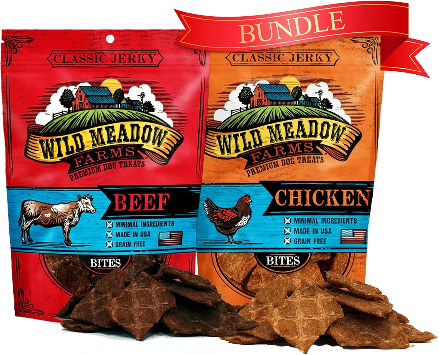 Wild Meadow Farms Classic Beef & Chicken Bites, Soft Jerky Treats for Dogs, Grain-Free, Ideal for Training, Portioning & High-Value Rewards, Suitable for All Breeds & Ages - 3.5 Ounce Pouch
