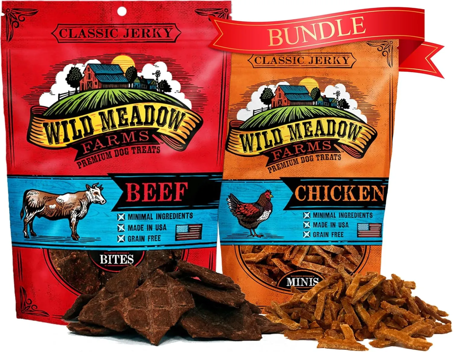 Wild Meadow Farms - Classic Beef & Chicken Minis, Soft Jerky Treats for Dogs, Grain-Free for Training, Portioning, High-Value Rewards, Suitable for All Breeds & Ages - 3.5 Ounce Pouch