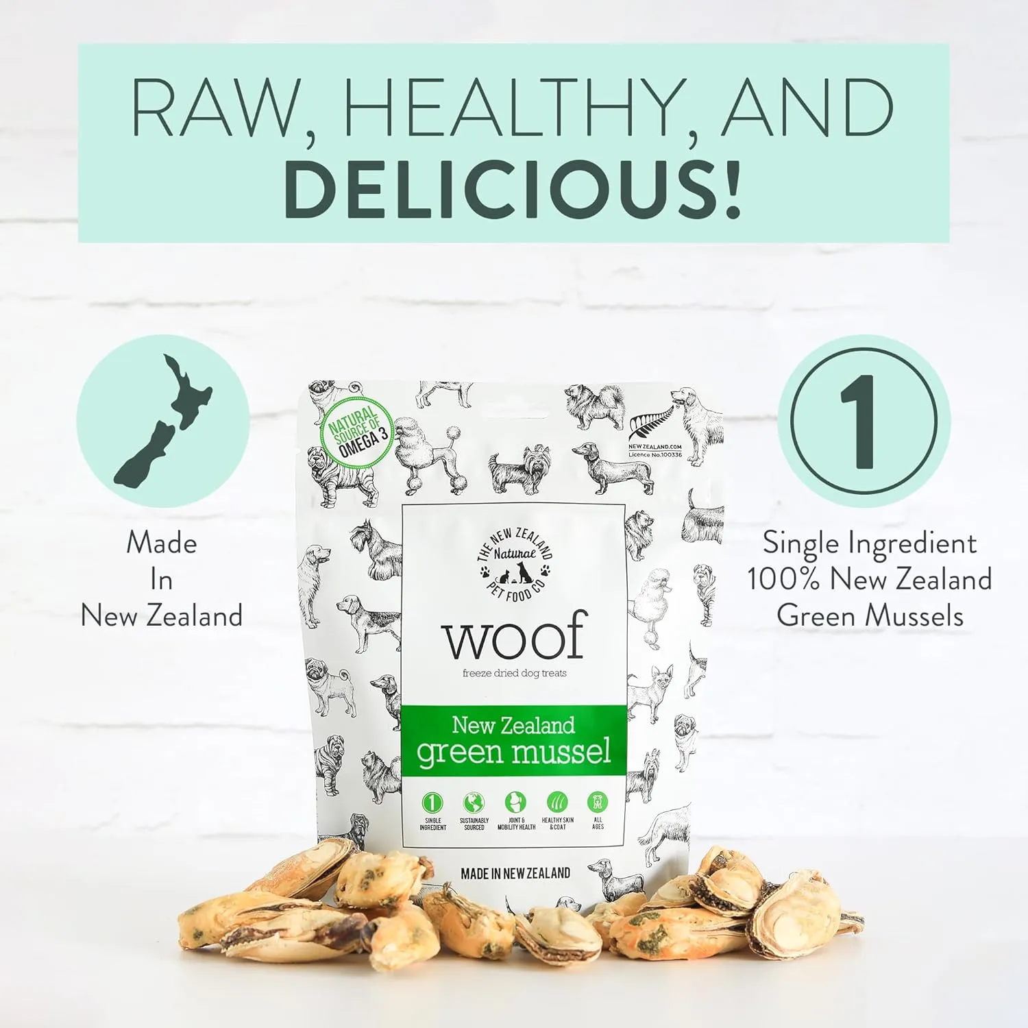 WOOF Freeze Dried Dog Treats - High Protein, Small & Large Dog, Natural, Topper, Treat, Green Mussels - 1.76 oz
