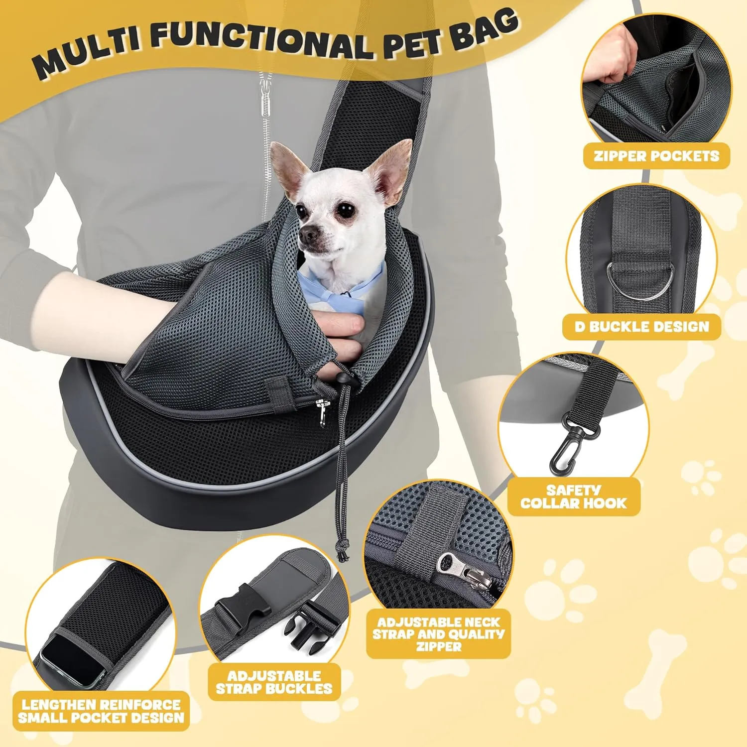 WOYYHO Pet Dog Sling Carrier Adjustable Strap Breathable Mesh Puppy Sling for Small Dogs with Zipper Touch Pocket Safety Leash Dog Sling Carrier for Outdoor Travel (Size M:4.5-9 lbs, Black)