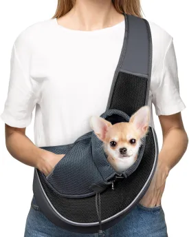 WOYYHO Pet Dog Sling Carrier Adjustable Strap Breathable Mesh Puppy Sling for Small Dogs with Zipper Touch Pocket Safety Leash Dog Sling Carrier for Outdoor Travel (Size M:4.5-9 lbs, Black)