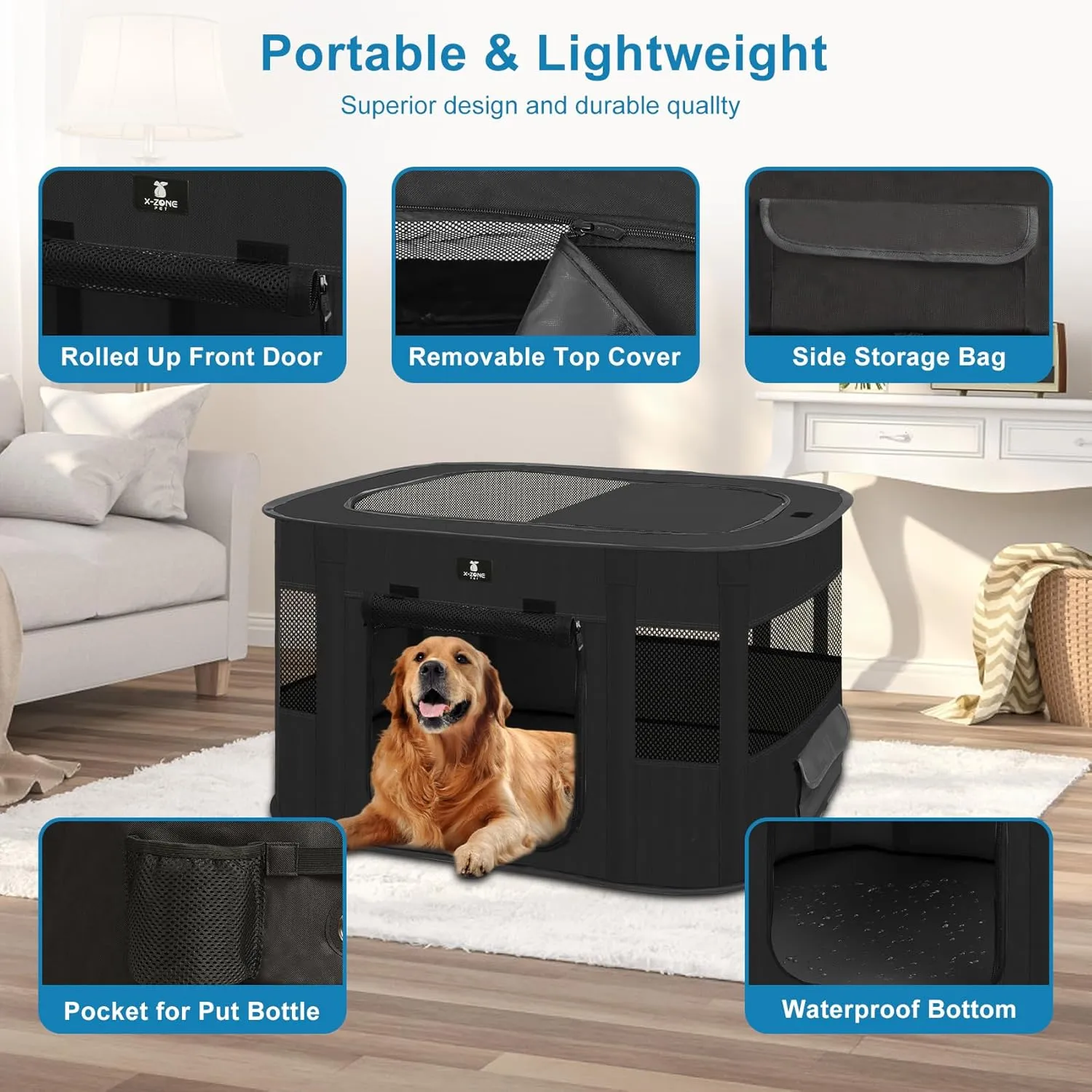 X-ZONE PET Dog Playpen, Puppy Cat Play Pen Portable Foldable Indoor/Outdoor Tent Crate Cage, Portable Pet Crate Medium Size Black 33"