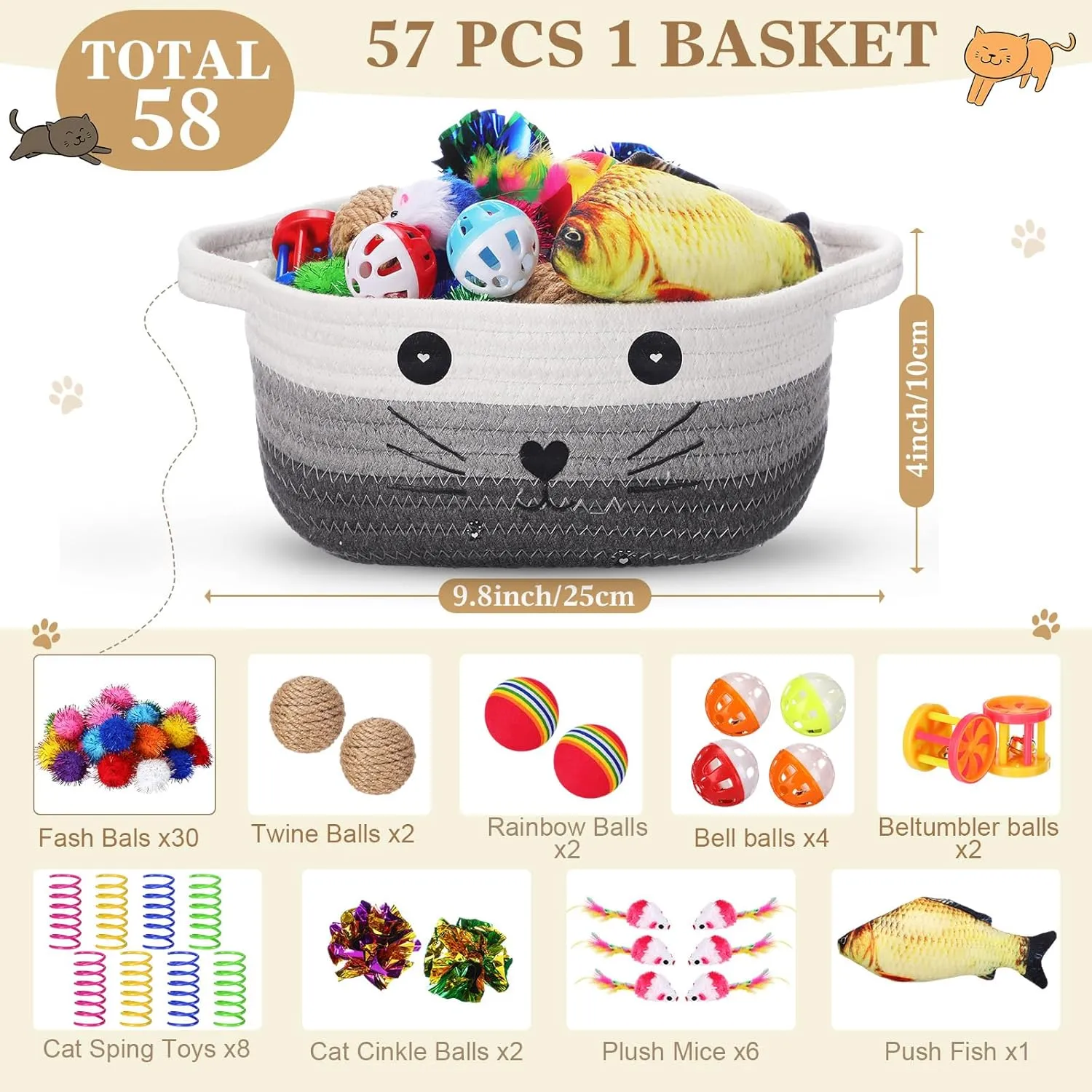 Zopeal 58 Pcs Cat Storage Basket Gift Toys Set, Colorful Flashing Balls Pet Bell Crinkle Balls Spring Toys Attract Cat to Swat, Bite, Hunt, Interactive for Pet(Multicolor)